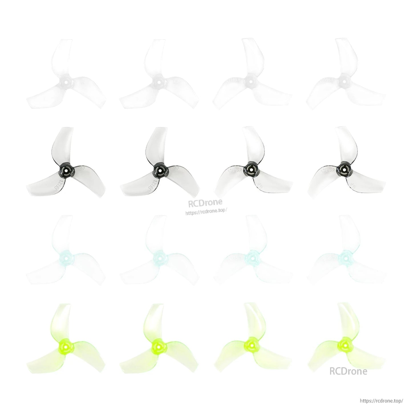 3-blade propeller color options collage showing clear, gray/black hub, blue hub, and neon green sets