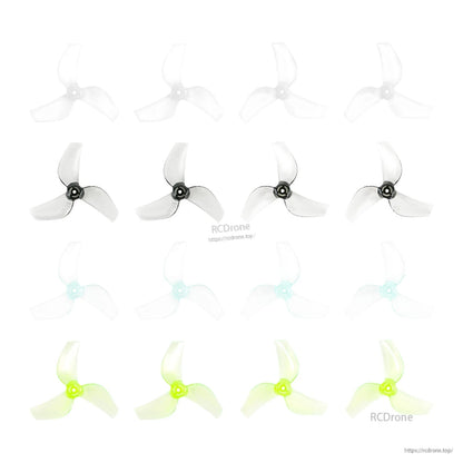 3-blade propeller color options collage showing clear, gray/black hub, blue hub, and neon green sets