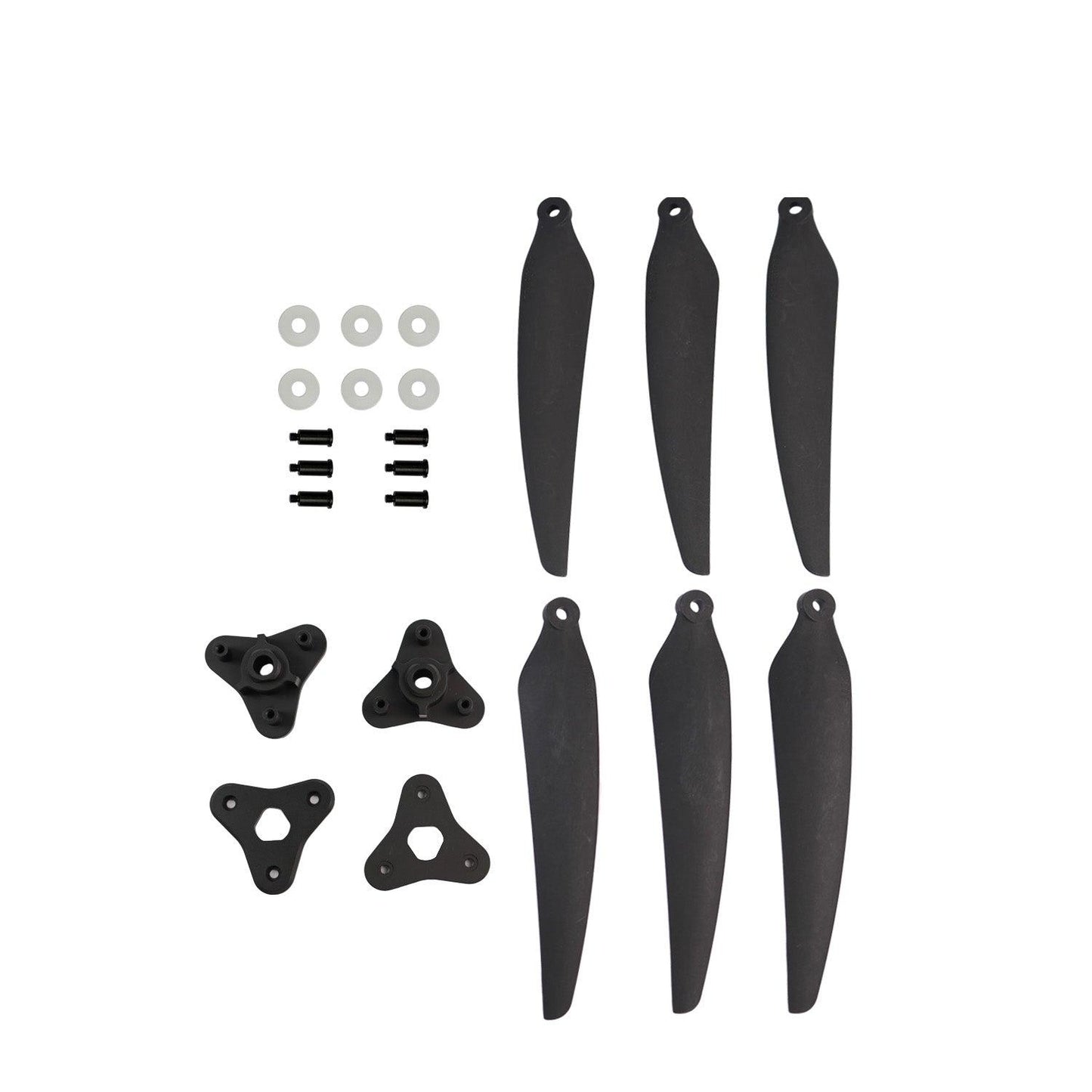 Propeller kit layout with 6 folding blades, hub adapters, washers and screws for assembly
