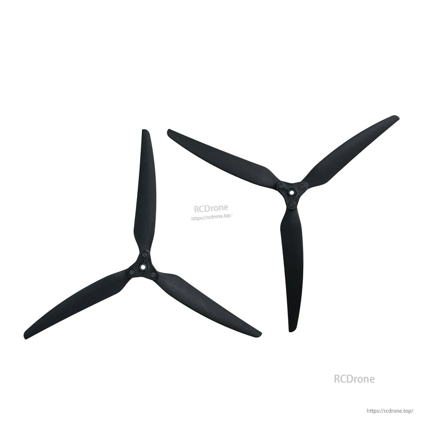 Two assembled folding 3-blade propellers shown side by side in different orientations