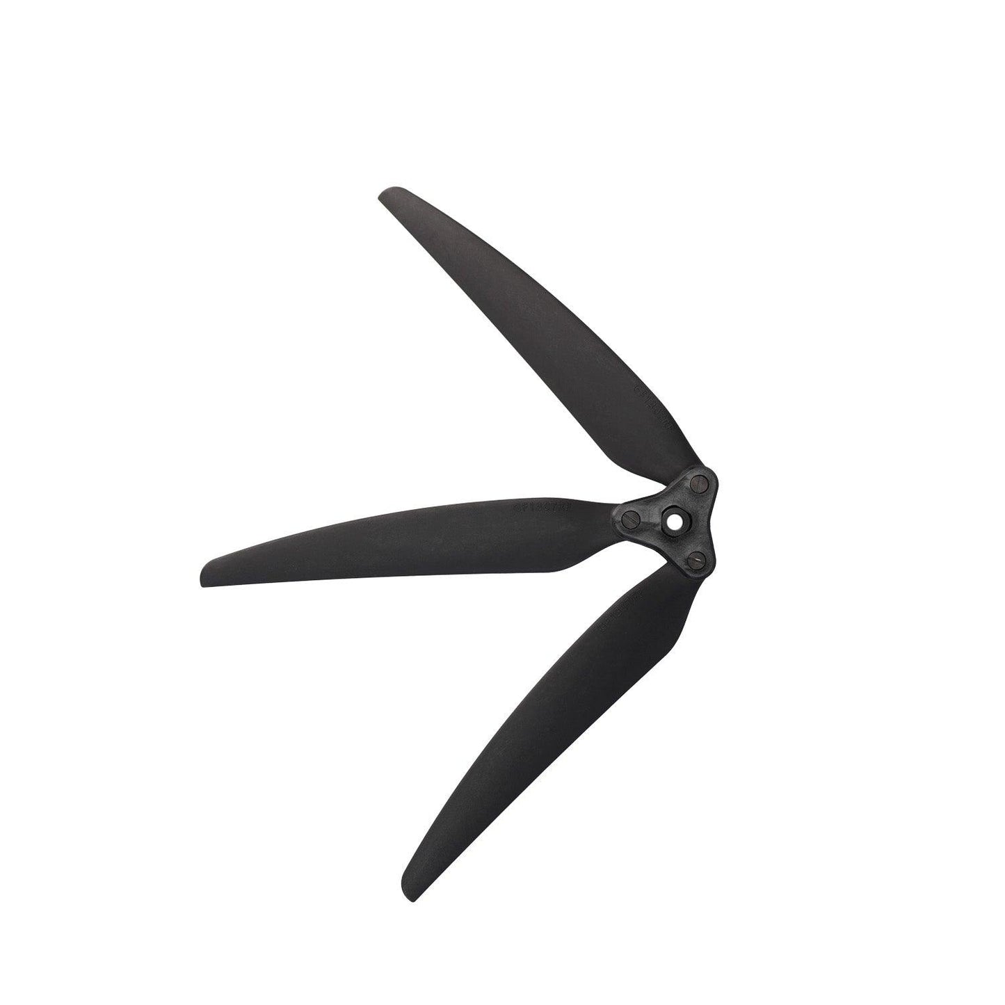 Side-angled view of black folding 3-blade propeller showing blade profile and hub