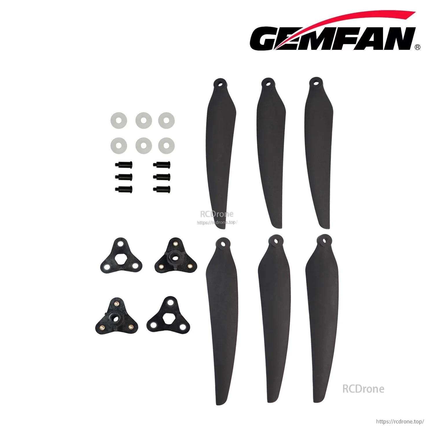 Gemfan 1307F-3 Folding 3-Blade Propeller set contents: six blades, four mounting plates, screws and washers (2PCS/bag)