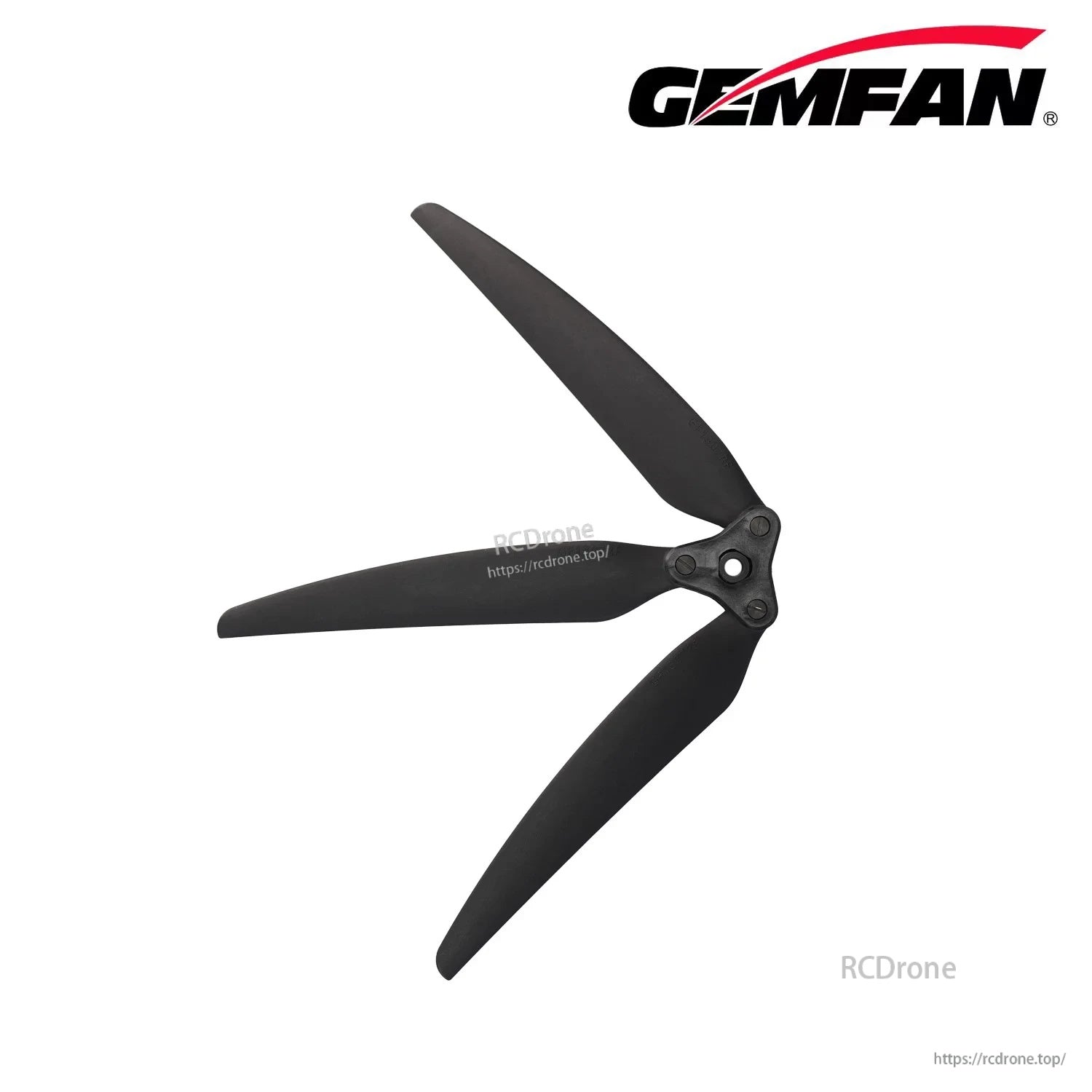 Angled view of the folding tri-blade propeller highlighting the hub and blade sweep in black glass-fiber nylon