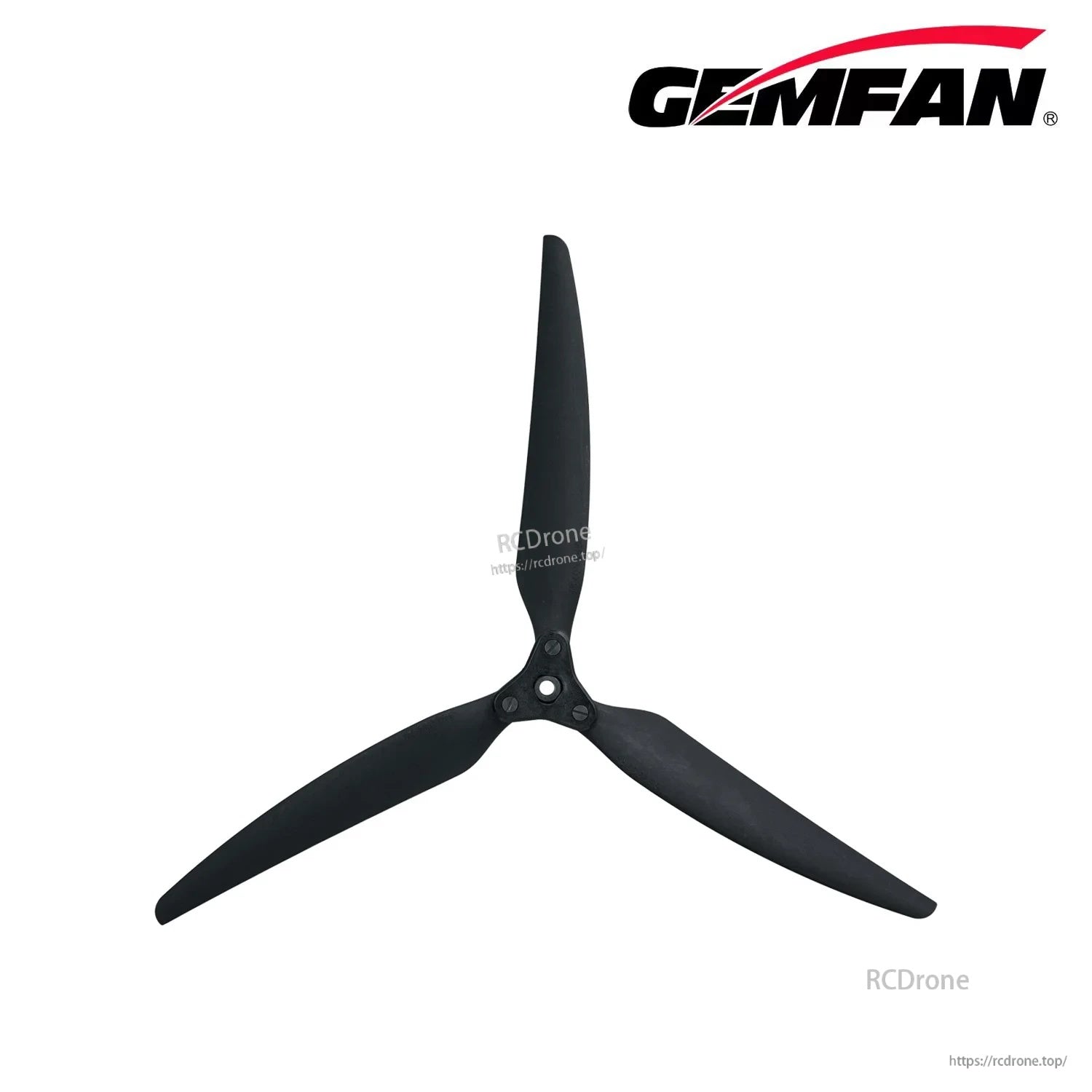 Assembled black folding tri-blade drone propeller, front view with three-blade layout and central hub