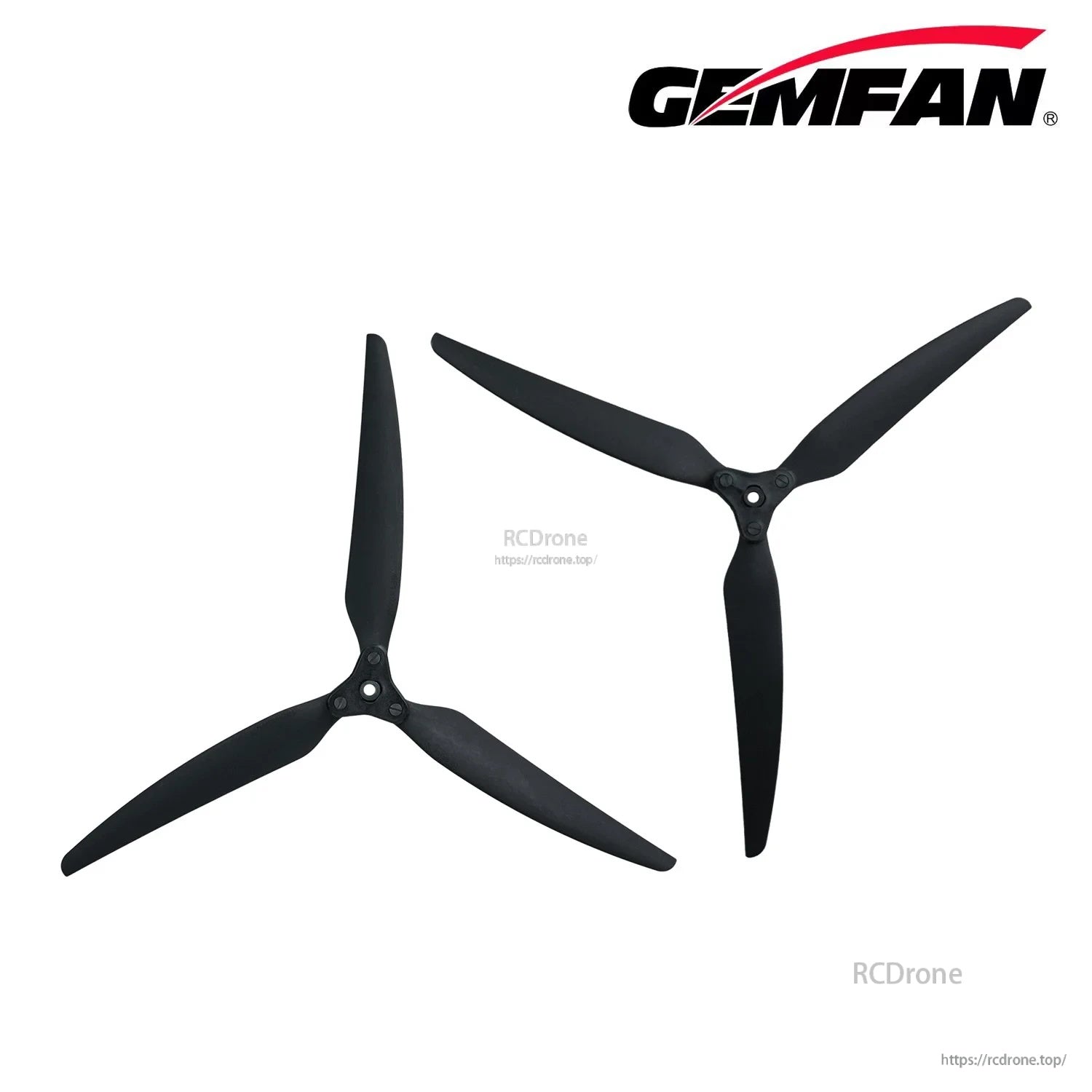 Pair of assembled folding 3-blade propellers in black, showing two complete props for large-frame multirotor use