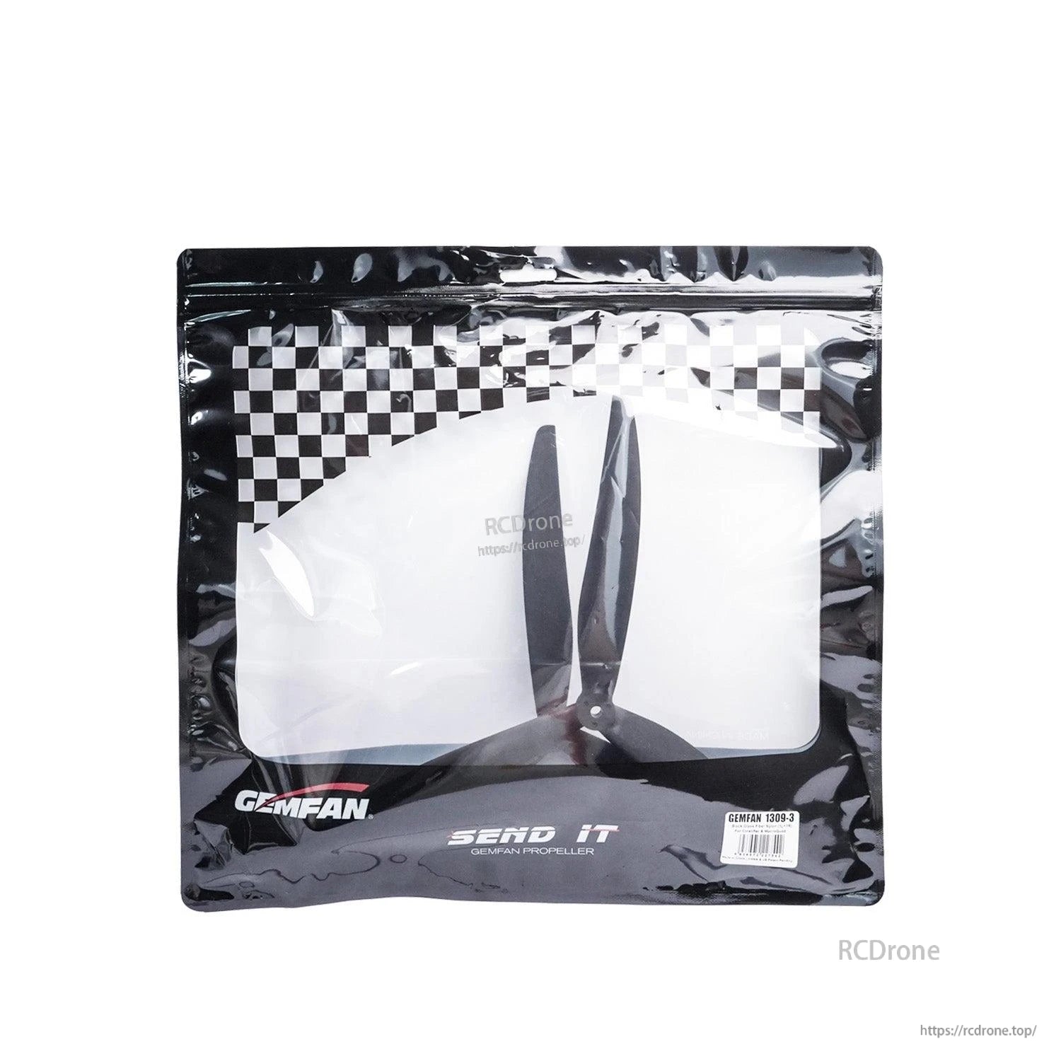 Gemfan propeller retail bag packaging with checkered header and label visible through window