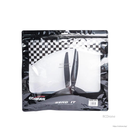 Gemfan propeller retail bag packaging with checkered header and label visible through window