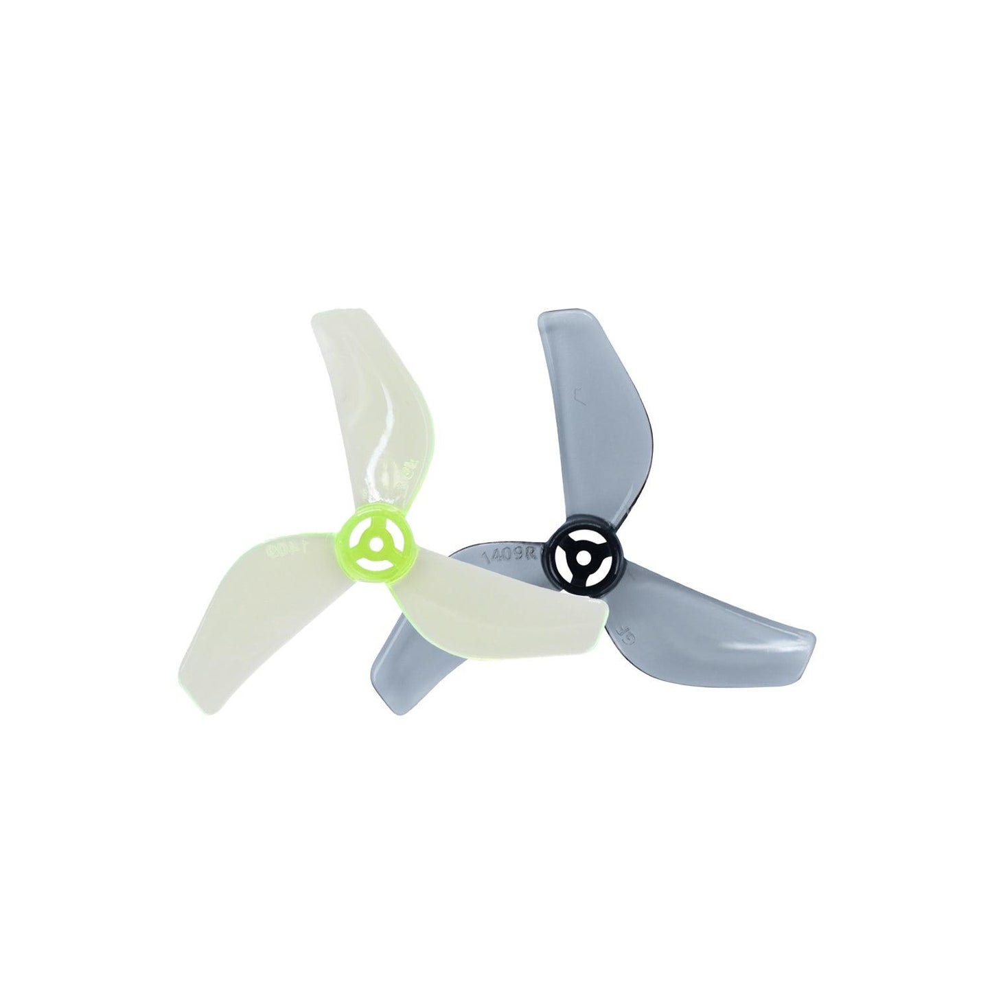 Gemfan 1409-3 micro drone propeller set, tri-blade props in neon green and gray