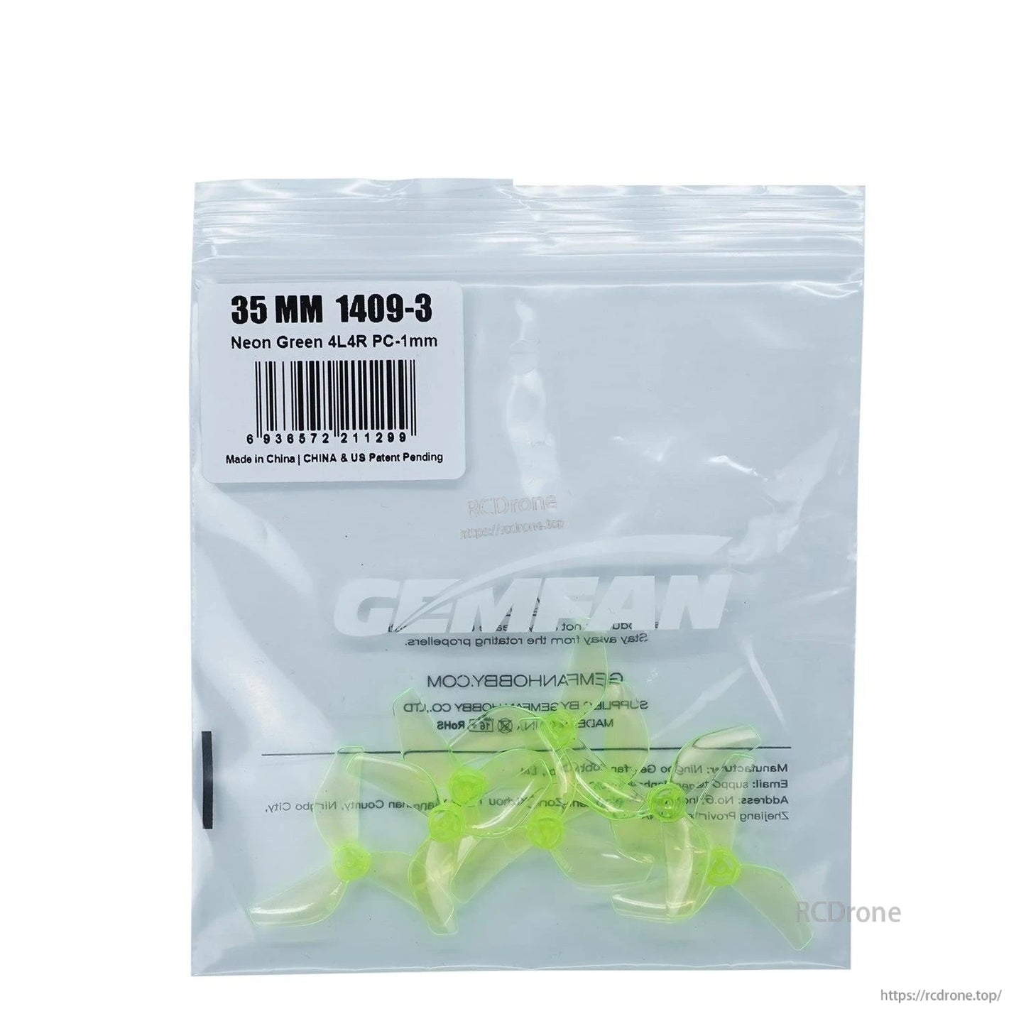 Retail bag label: 35MM 1409-3 neon green 4L4R PC-1mm, propellers visible inside