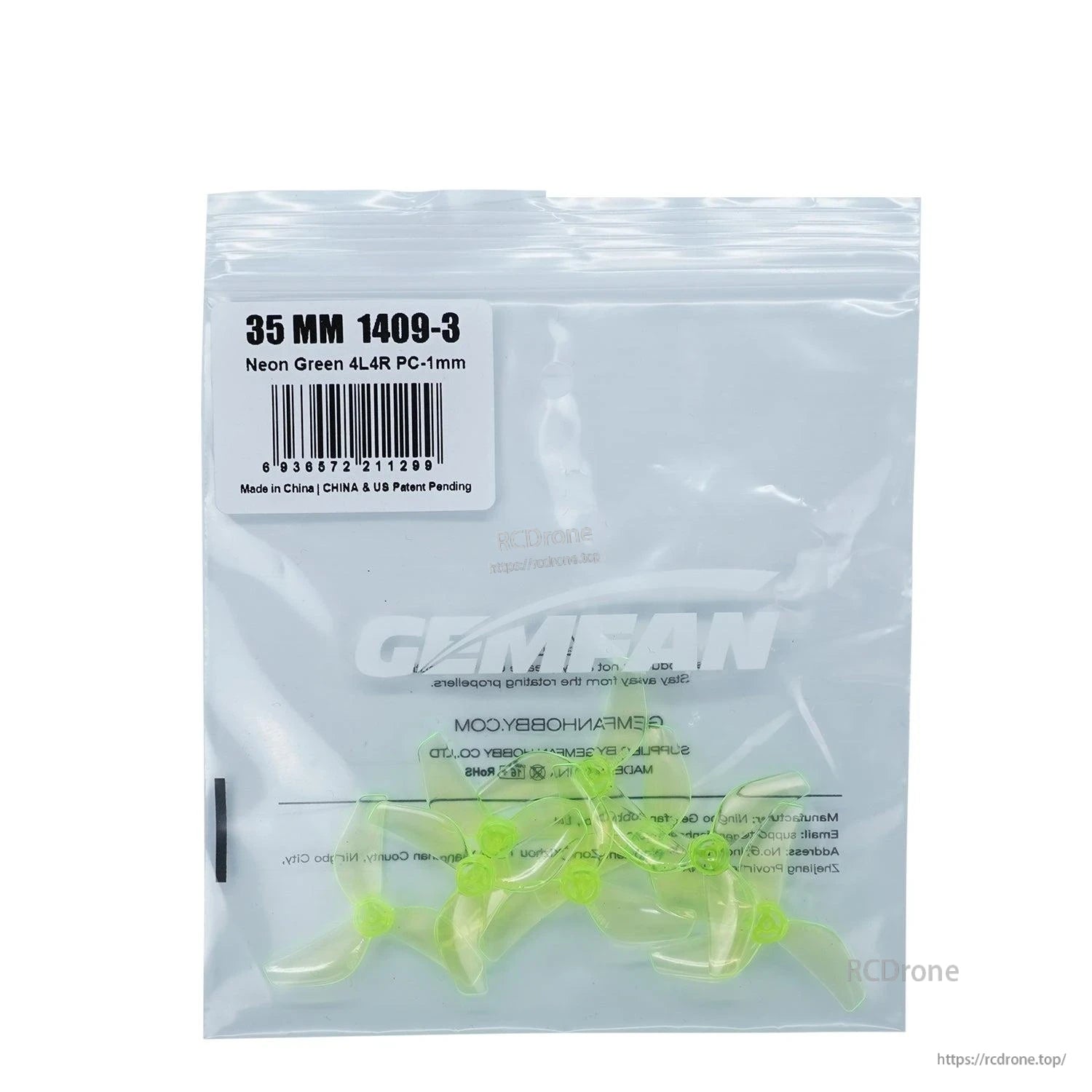 Retail bag label: 35MM 1409-3 neon green 4L4R PC-1mm, propellers visible inside
