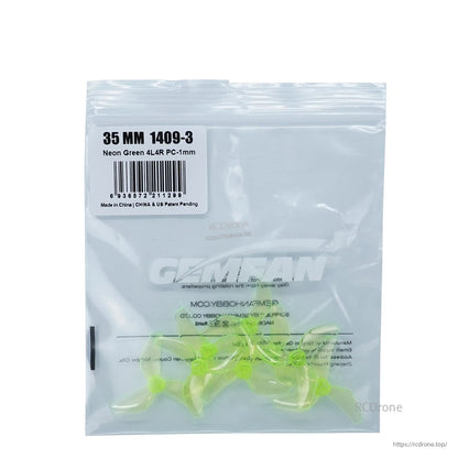 Retail bag label: 35MM 1409-3 neon green 4L4R PC-1mm, propellers visible inside