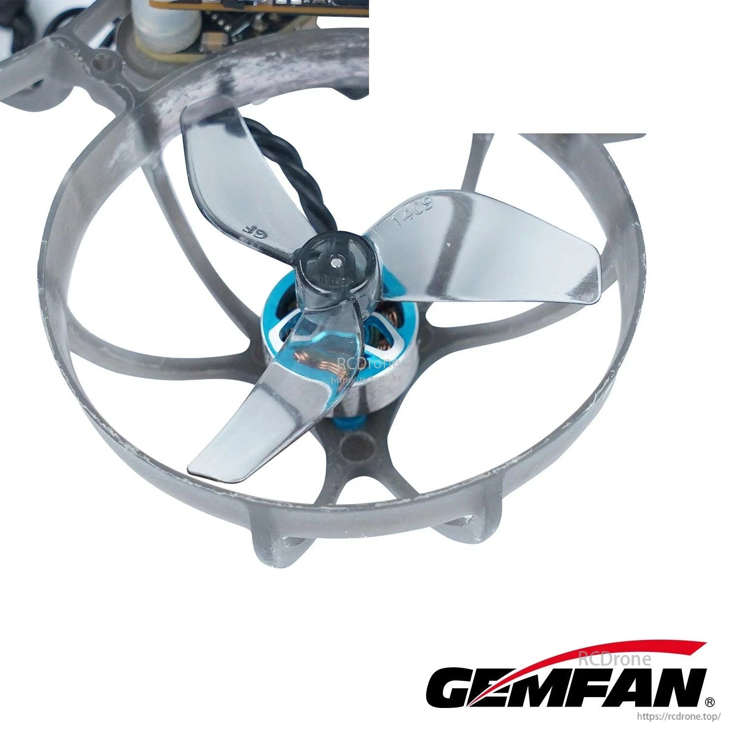 Gemfan 1409-3 propeller installed on a ducted micro drone motor, close-up in frame