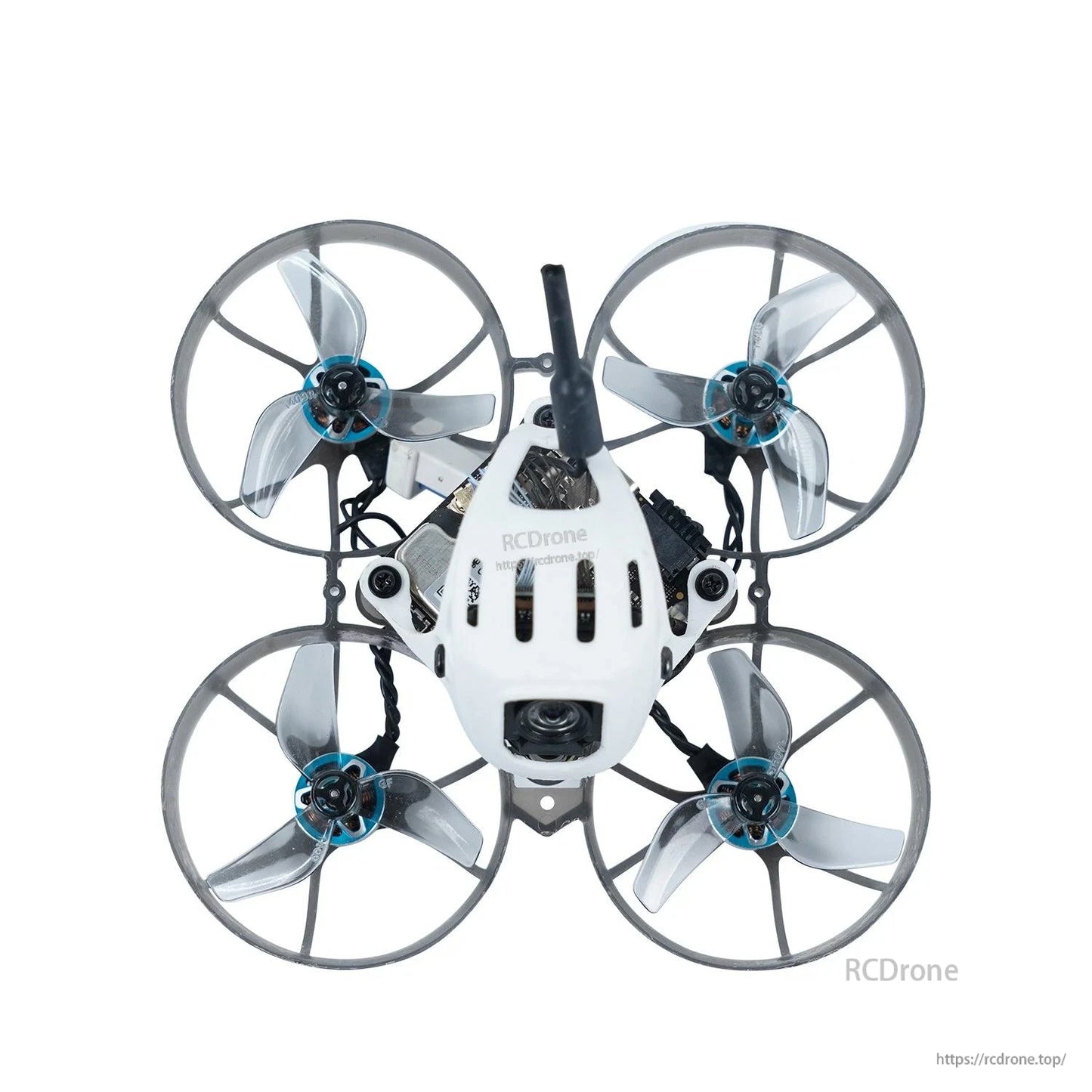 Top view of ducted micro quadcopter fitted with four clear gray tri-blade propellers