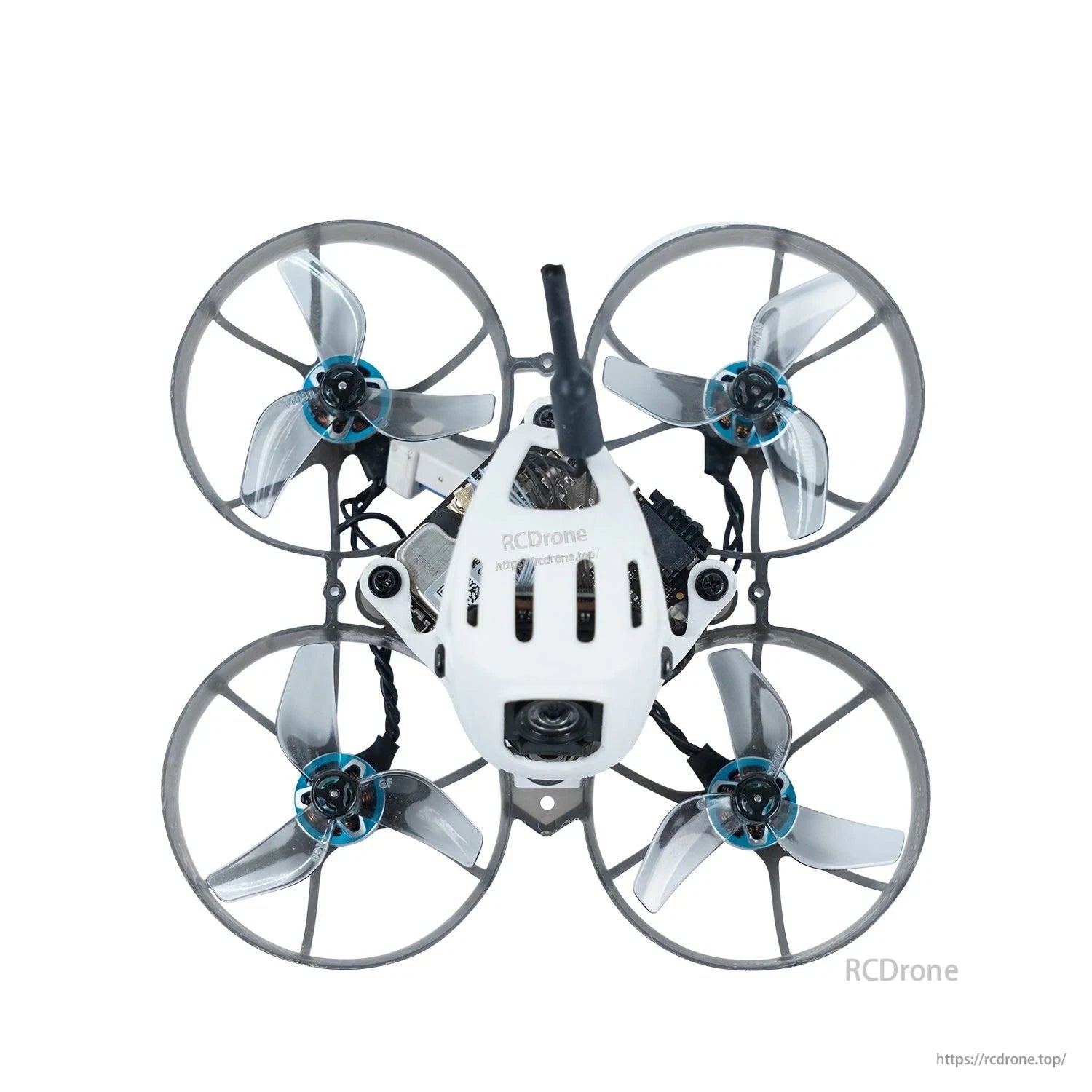 Top view of ducted micro quadcopter fitted with four clear gray tri-blade propellers