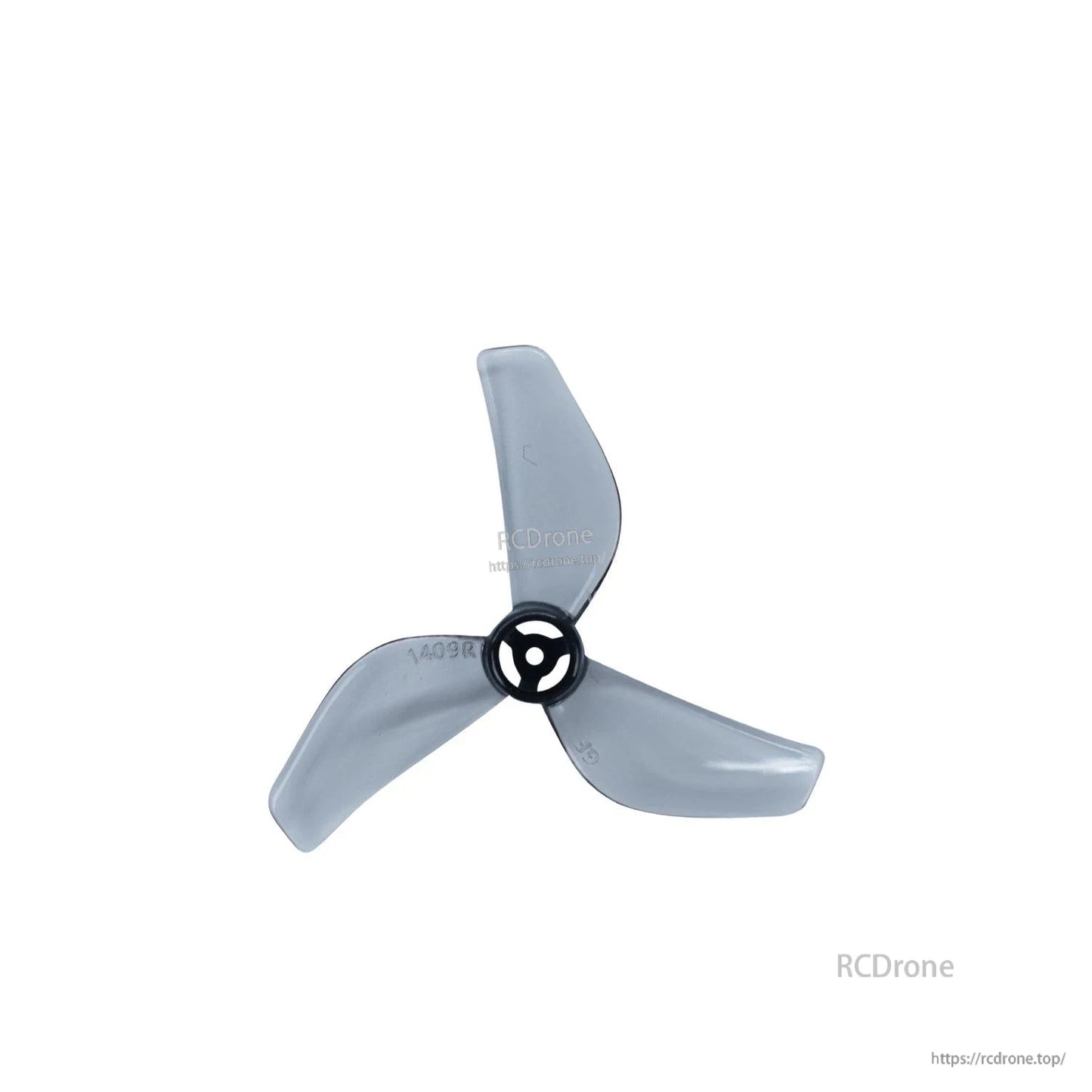 Single clear gray tri-blade propeller close-up showing hub and blade profile