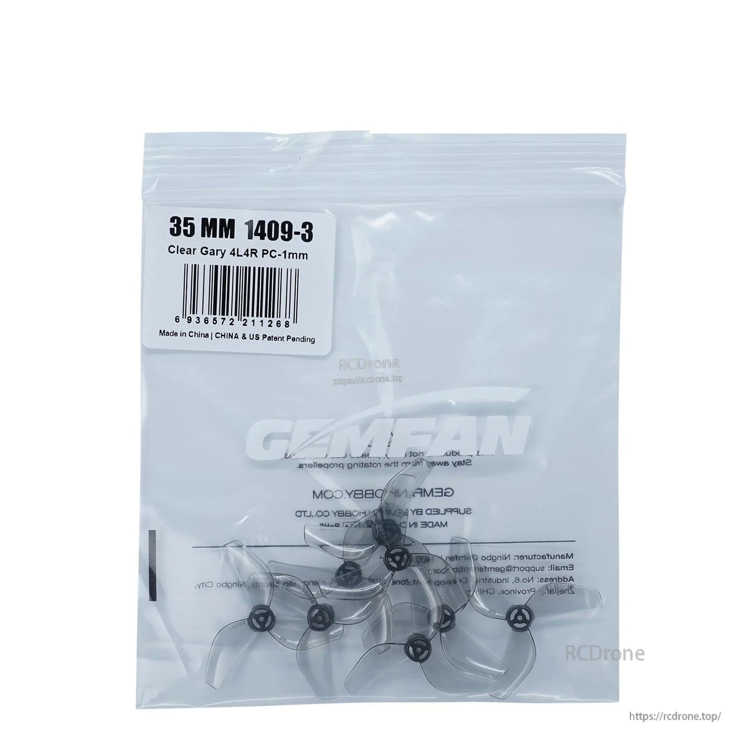 Retail bag label: 35MM 1409-3 clear gray 4L4R PC-1mm, propellers visible inside