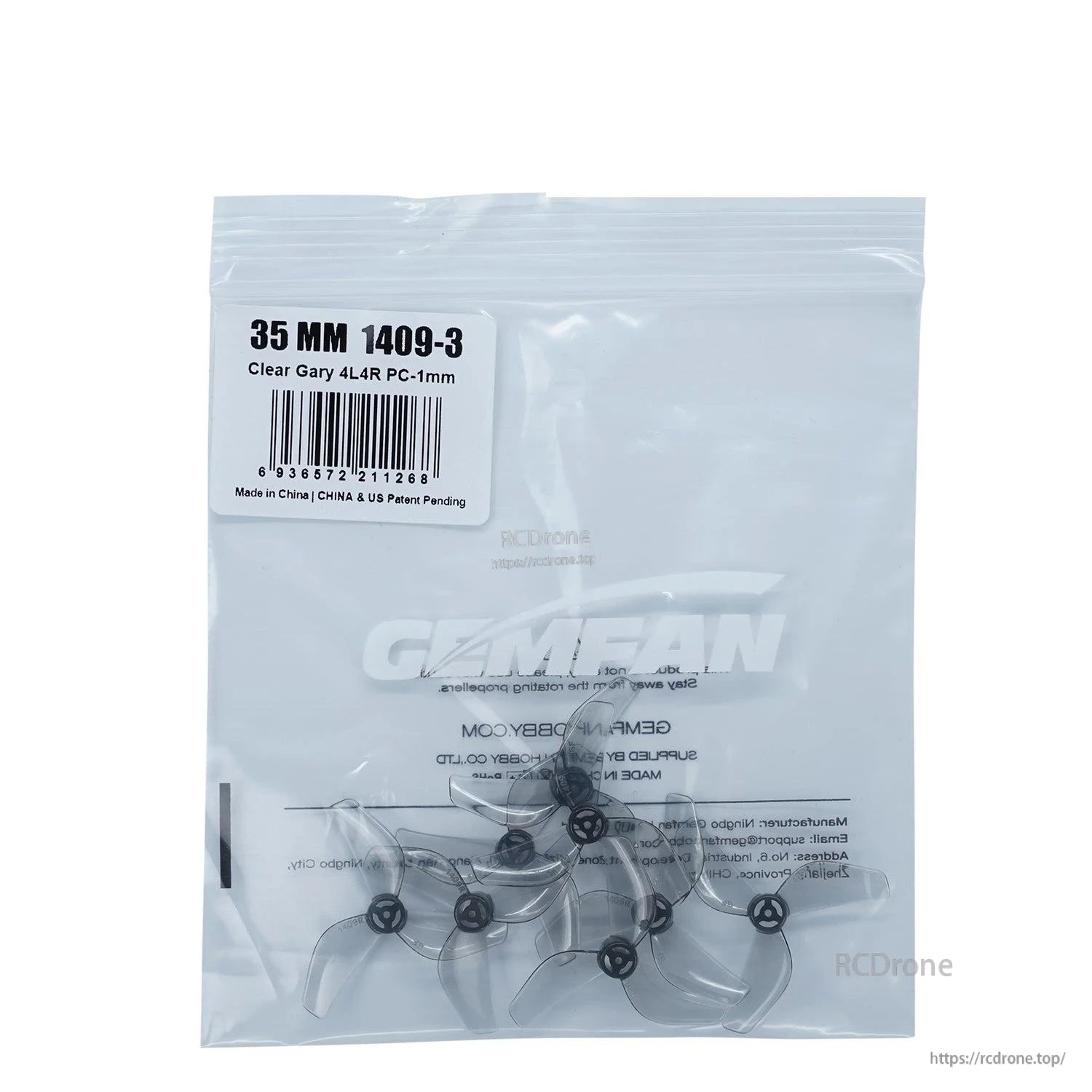 Retail bag label: 35MM 1409-3 clear gray 4L4R PC-1mm, propellers visible inside