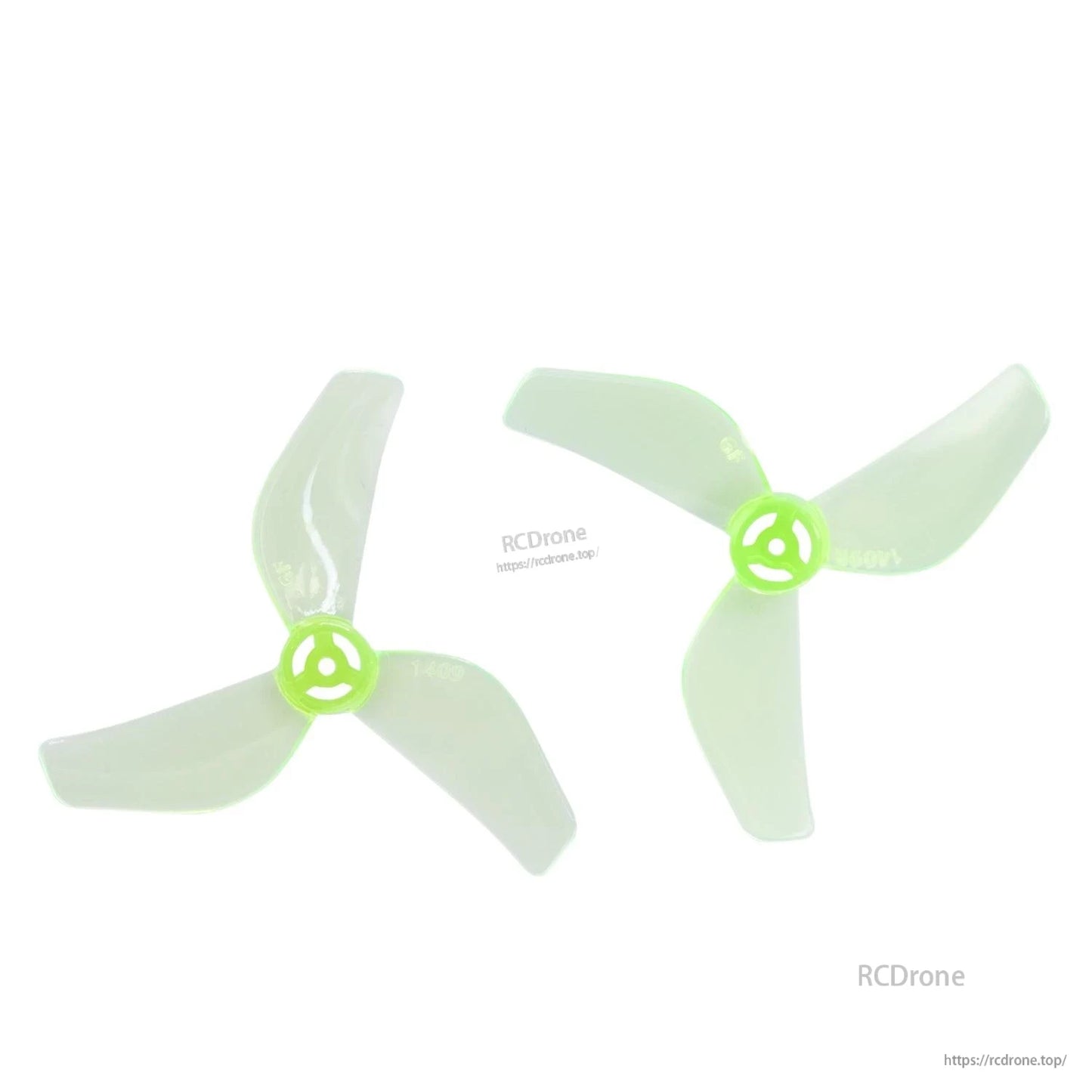 Pair of neon green tri-blade propellers with green hubs, mirrored rotation set