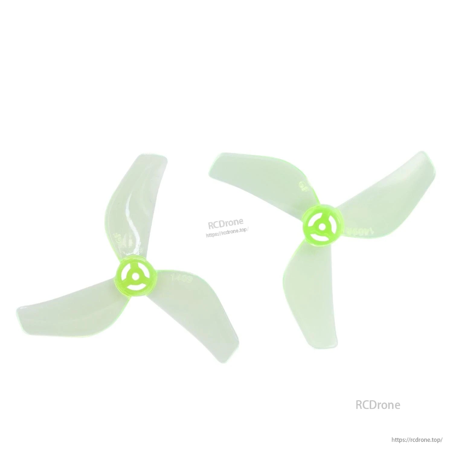 Pair of neon green tri-blade propellers with green hubs, mirrored rotation set