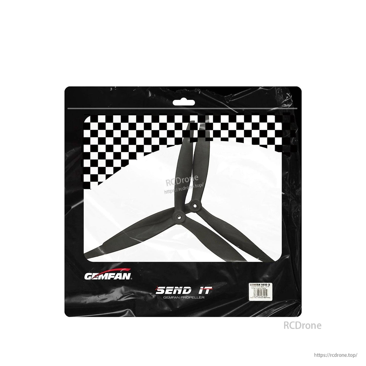 Gemfan propeller set retail package showing black three-blade propellers through clear window