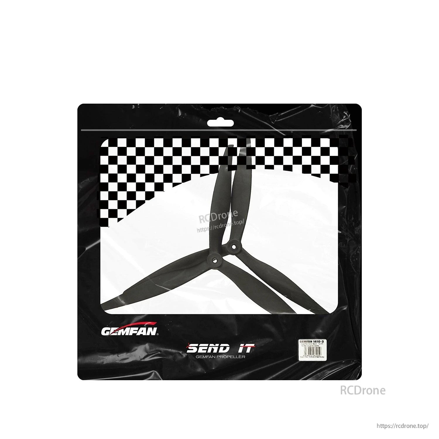 Gemfan propeller set retail package showing black three-blade propellers through clear window