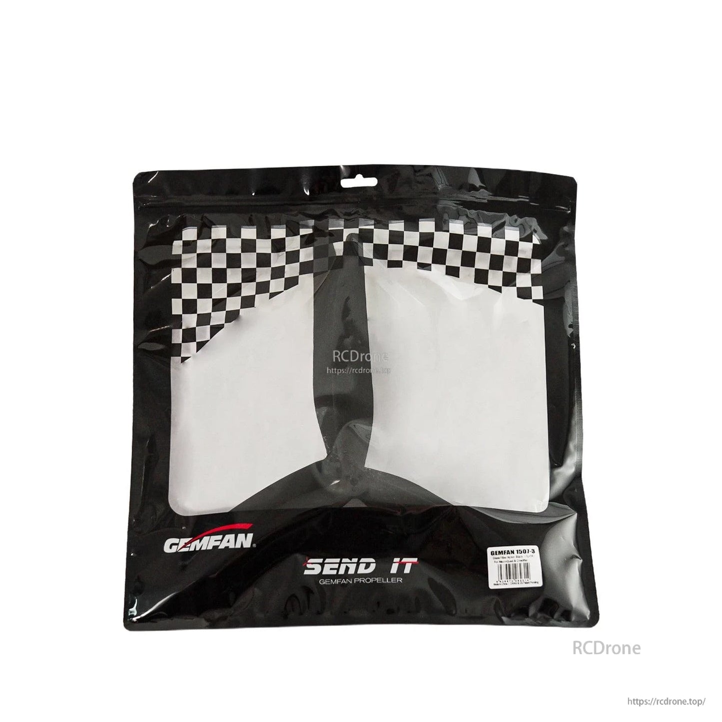 Gemfan propeller retail packaging bag with checkered header and product label