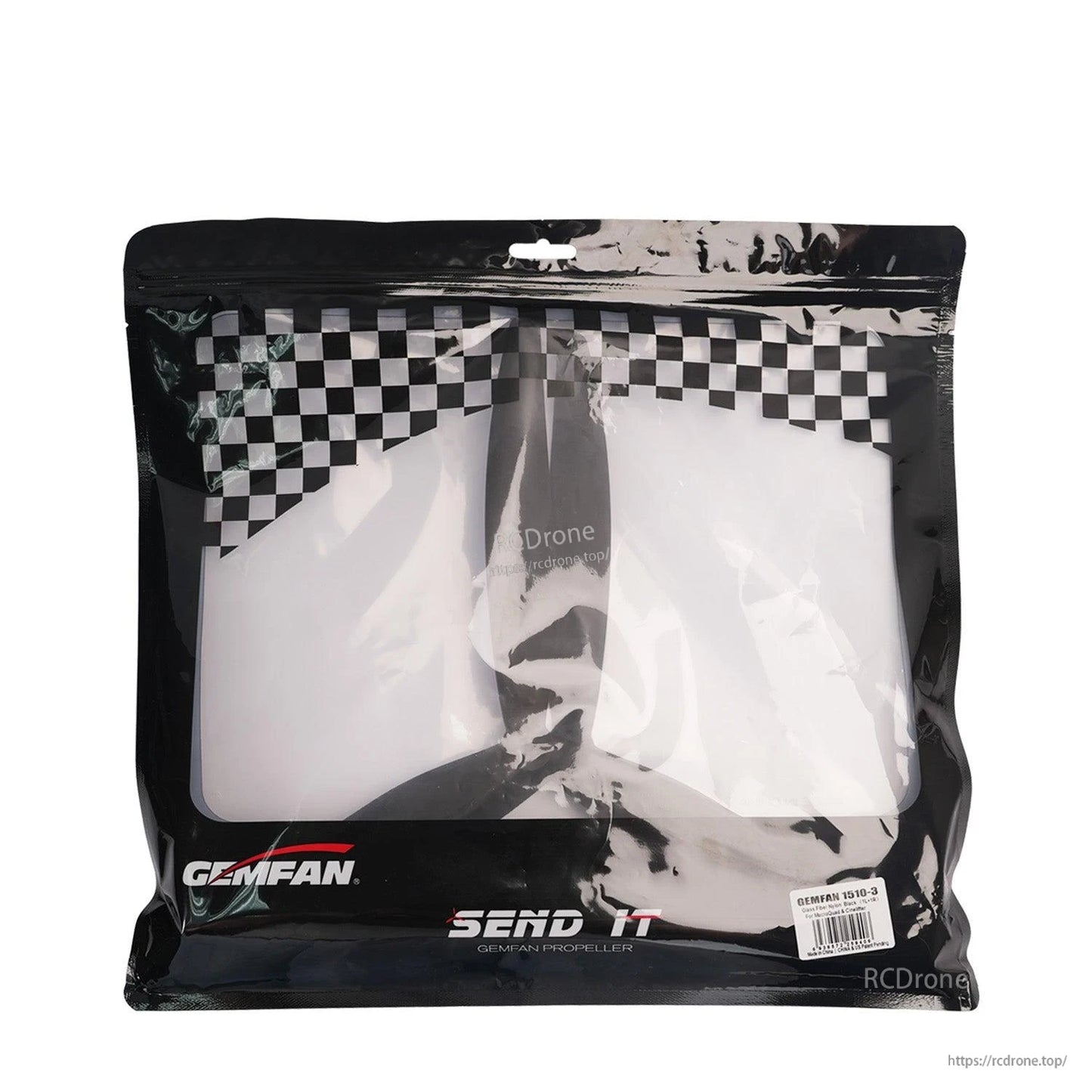 Gemfan propeller retail packaging bag with checkered design and product label visible
