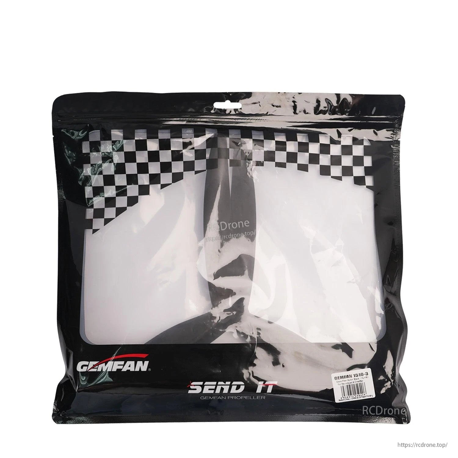 Gemfan propeller retail packaging bag with checkered design and product label visible