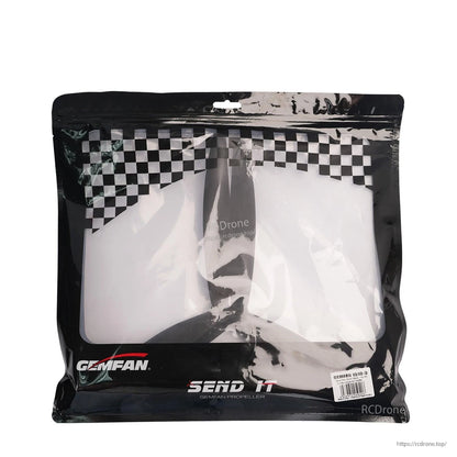 Gemfan propeller retail packaging bag with checkered design and product label visible