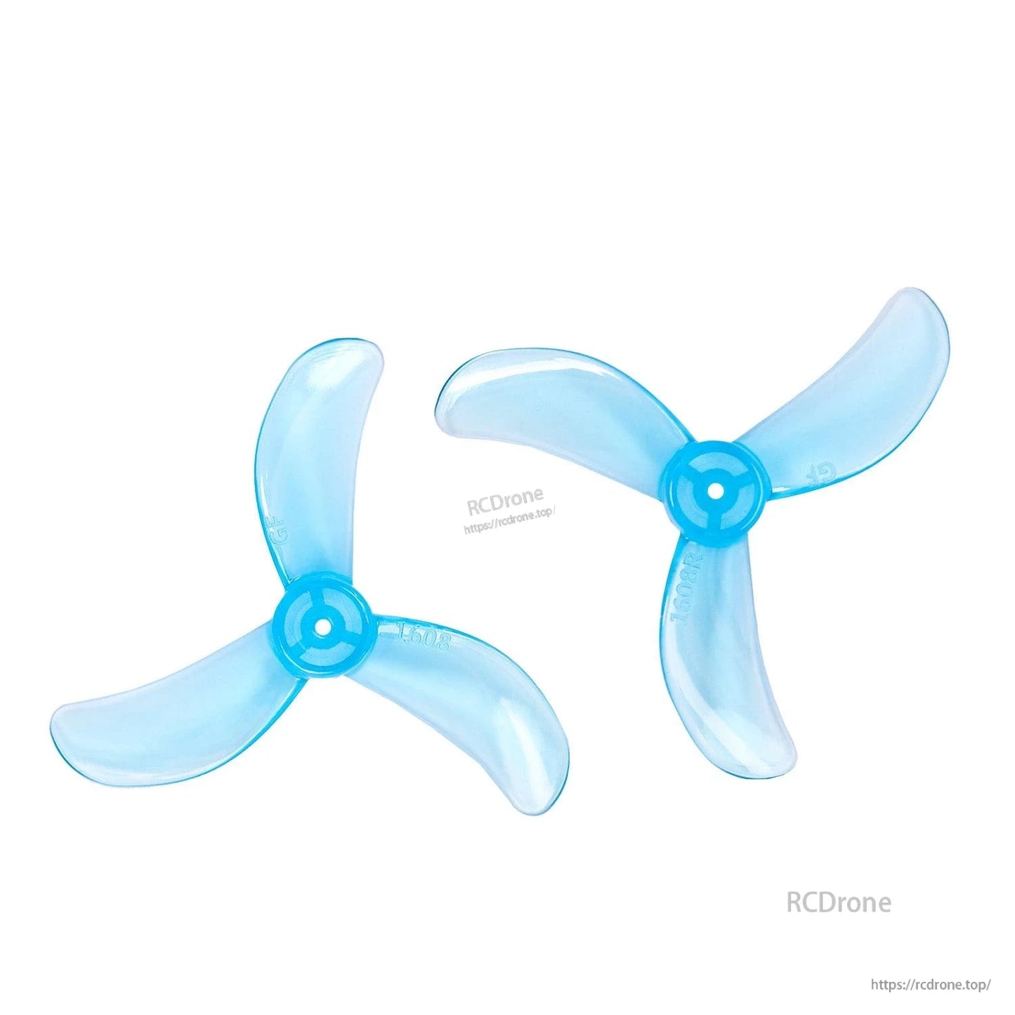 Two clear blue tri-blade props shown at an angle, hub bore and blade sweep visible