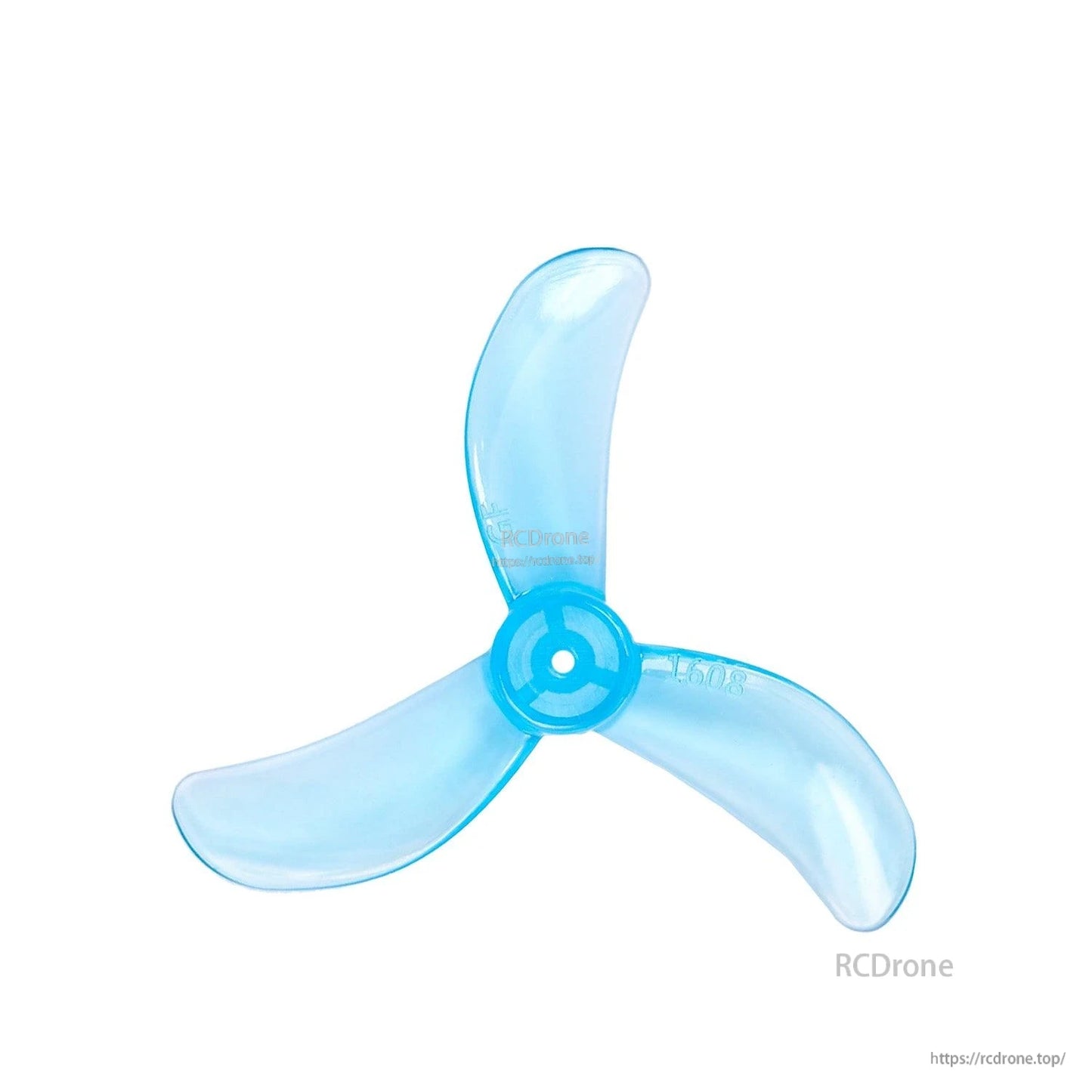 Single clear blue 3-blade propeller close-up showing hub and blade profile