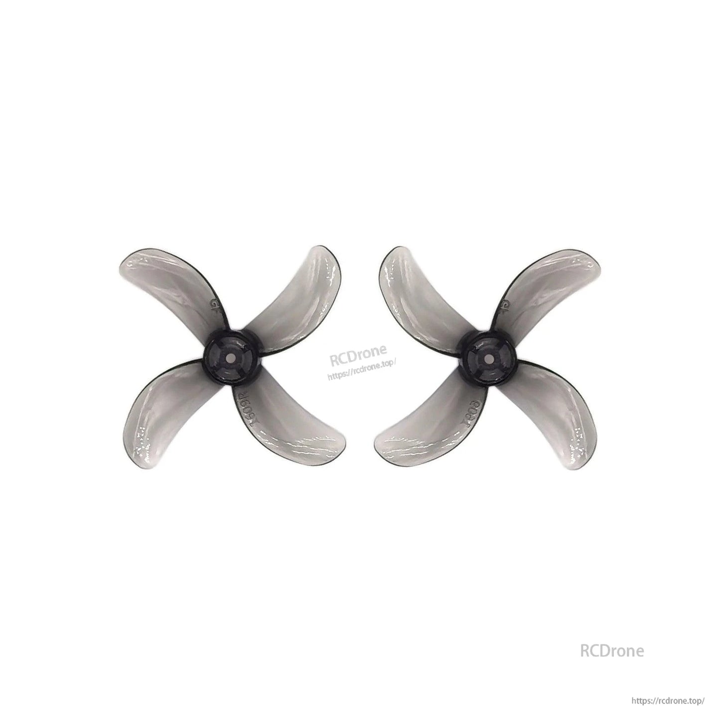 Translucent gray 4-blade propeller pair with dark hub, top view