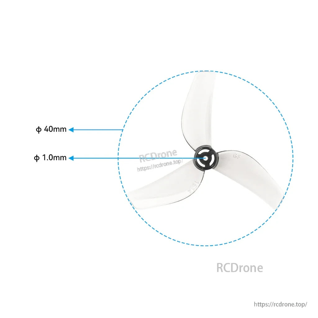 40mm diameter and 1.0mm center hole sizing on Gemfan 1614 3-blade propeller for micro whoop drones