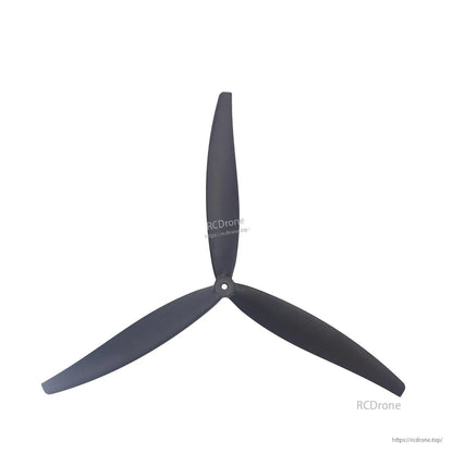 Single black 3-blade propeller, front view with center hub and mounting hole detail