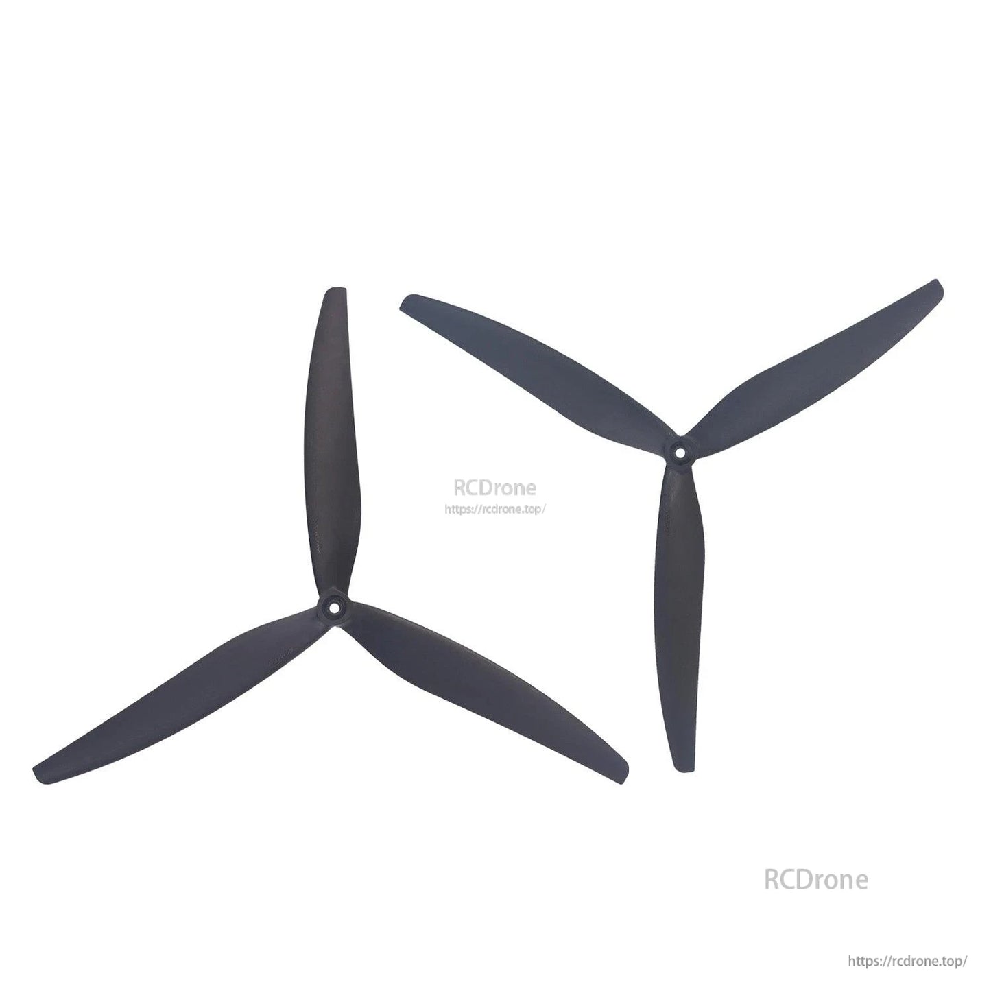 Two black 3-blade propellers on white background, one angled and one upright orientation