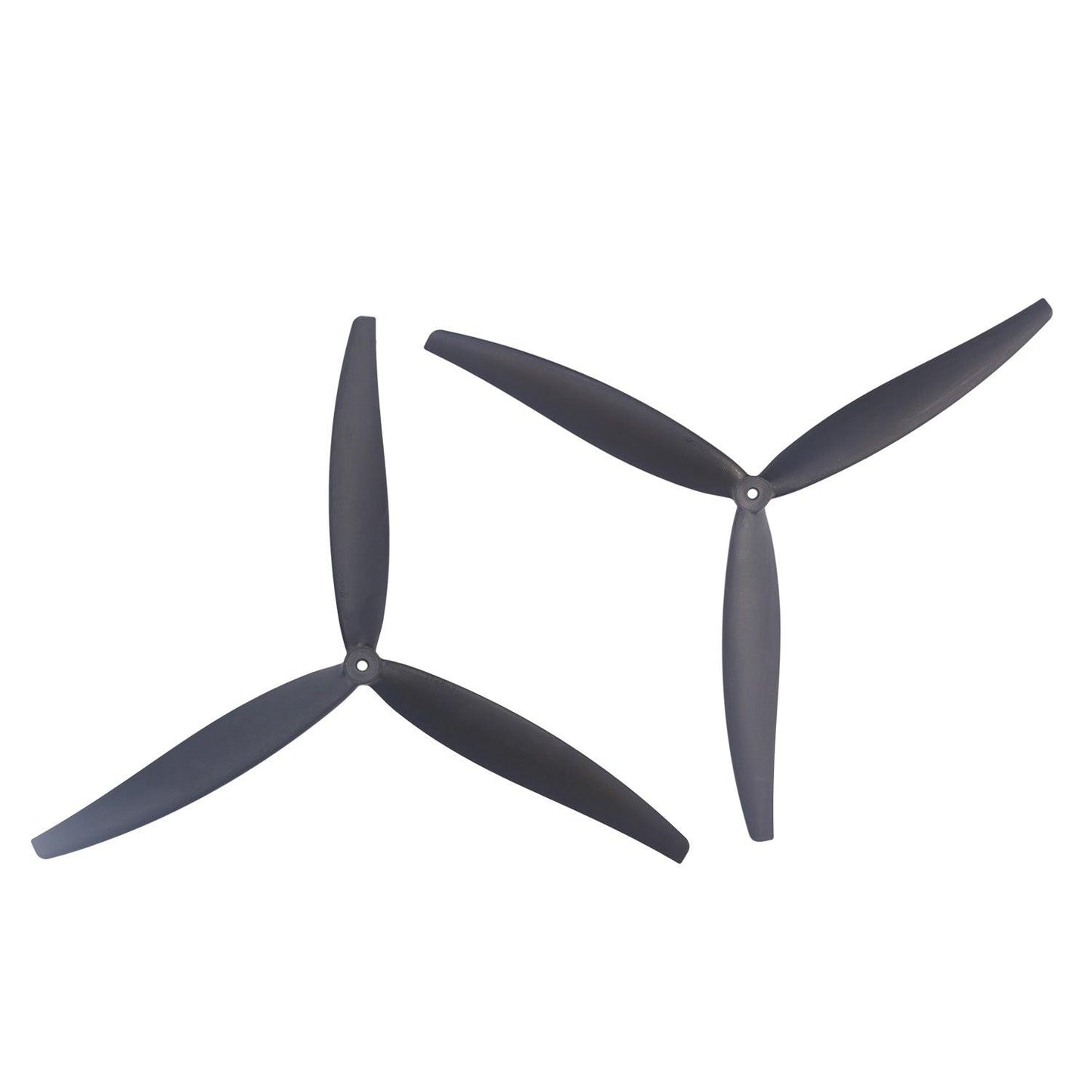 Set of two black 3-blade drone propellers shown side by side, opposite rotation pair