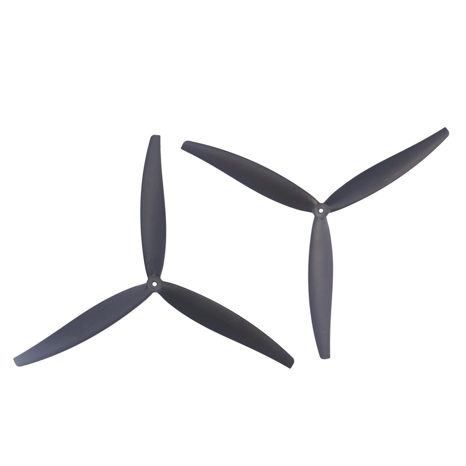 Set of two black 3-blade drone propellers shown side by side, opposite rotation pair