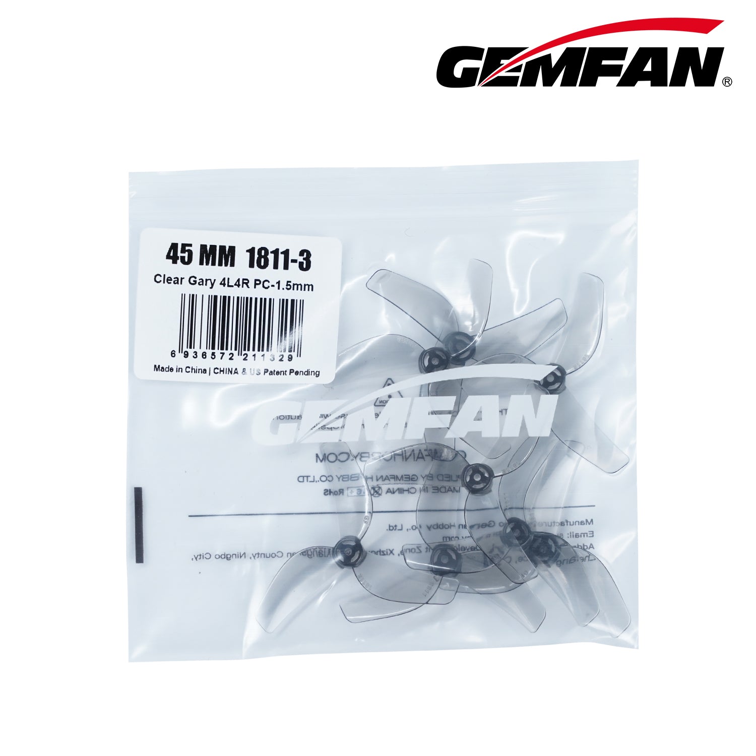 Gemfan 1811-3 45mm 3-blade micro drone propeller set in clear gray, bag includes 4 CW + 4 CCW with 1.5mm center hole label