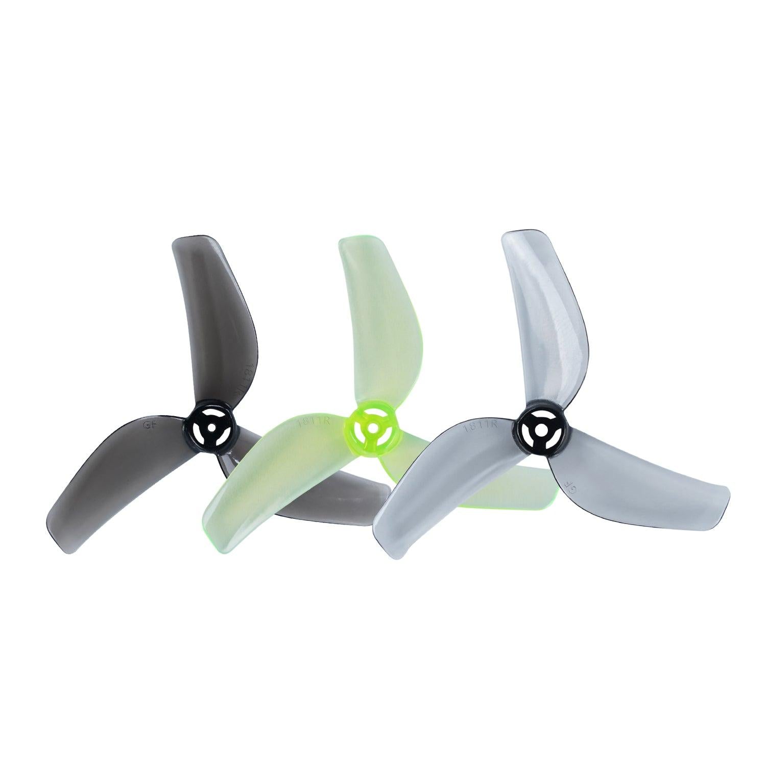 Gemfan 1811-3 45mm 3-blade micro drone propeller set, black, neon green and clear gray