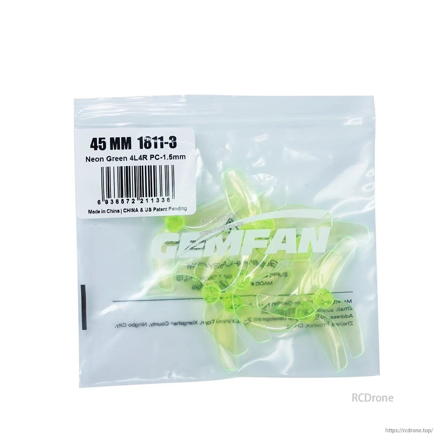 Gemfan 1811-3 45mm propellers retail bag label, Neon Green 4L4R PC-1.5mm