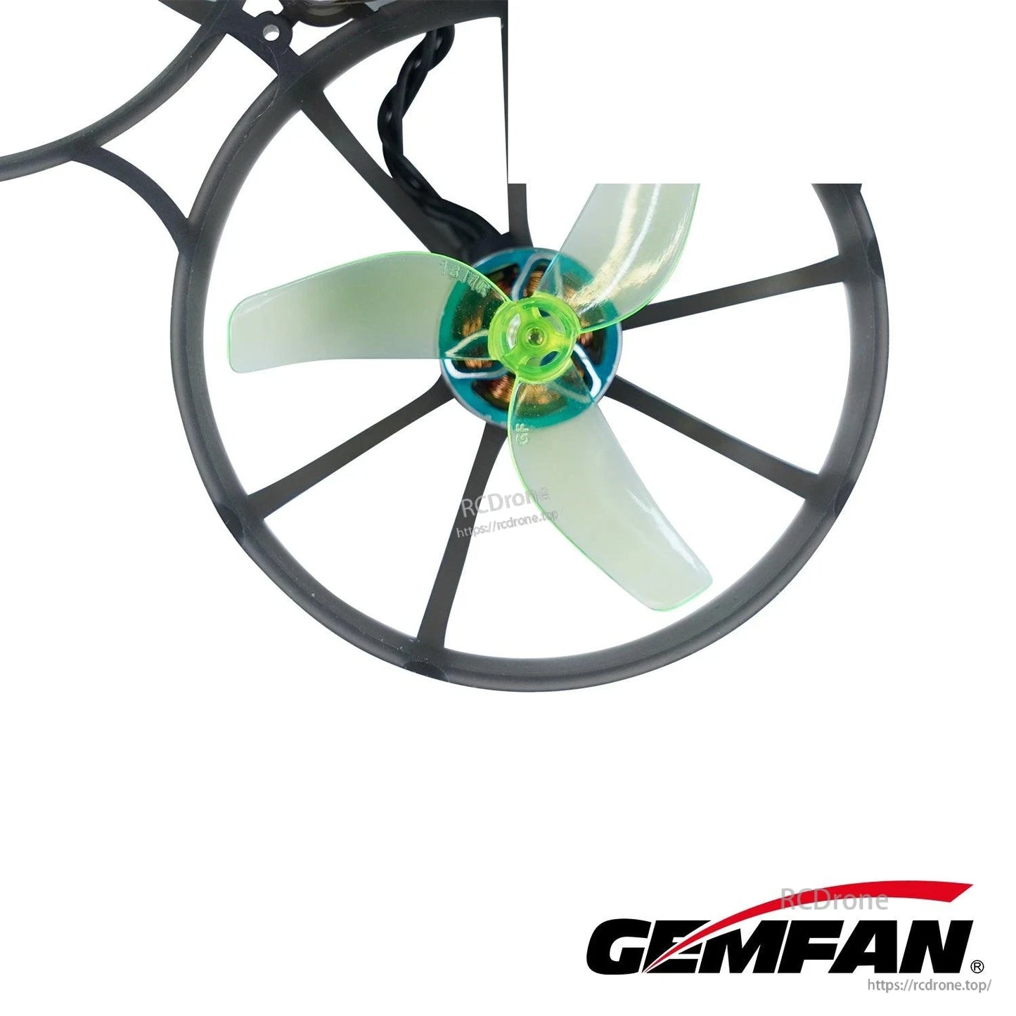 Neon green prop installed on ducted micro quad motor, close-up view inside prop guard