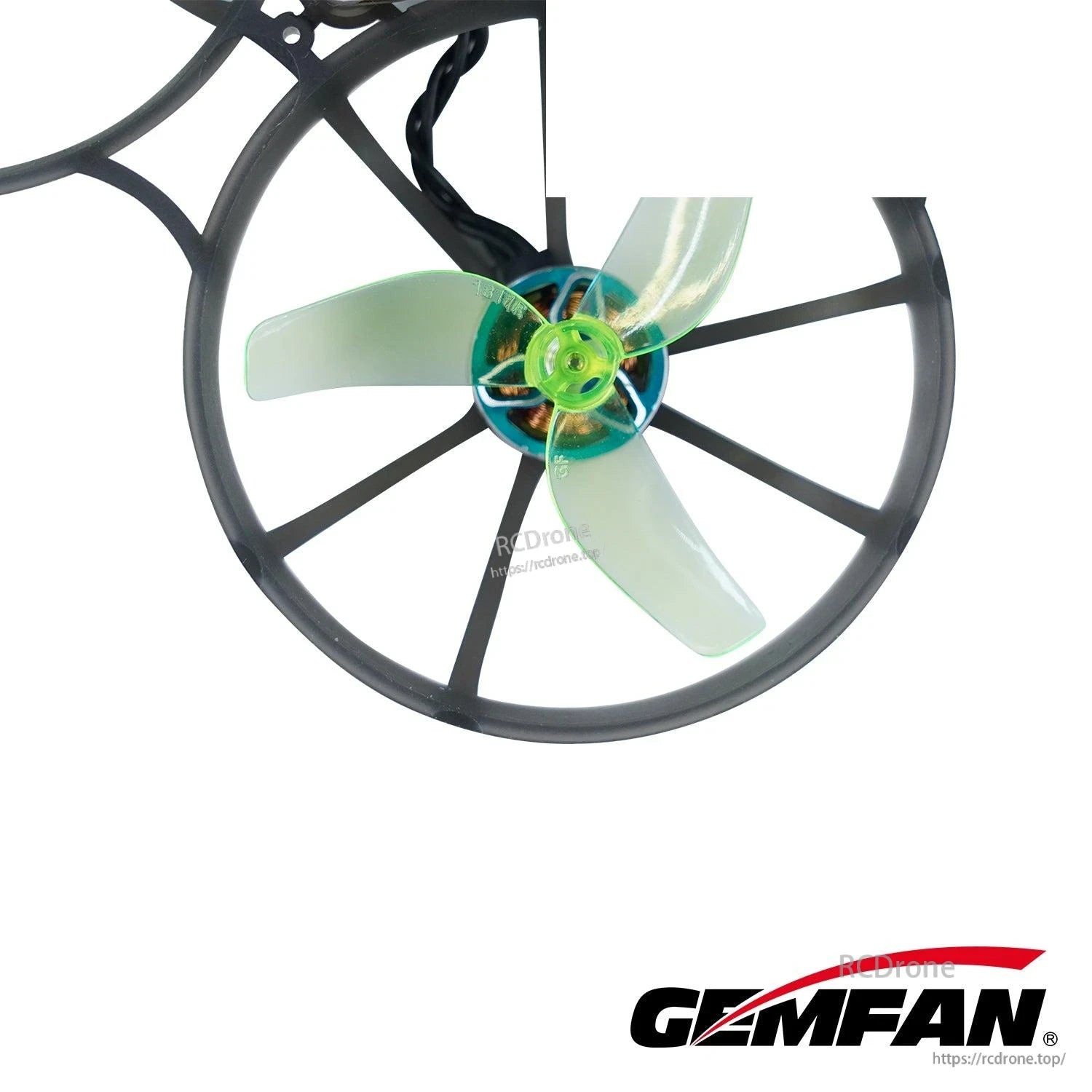 Neon green prop installed on ducted micro quad motor, close-up view inside prop guard