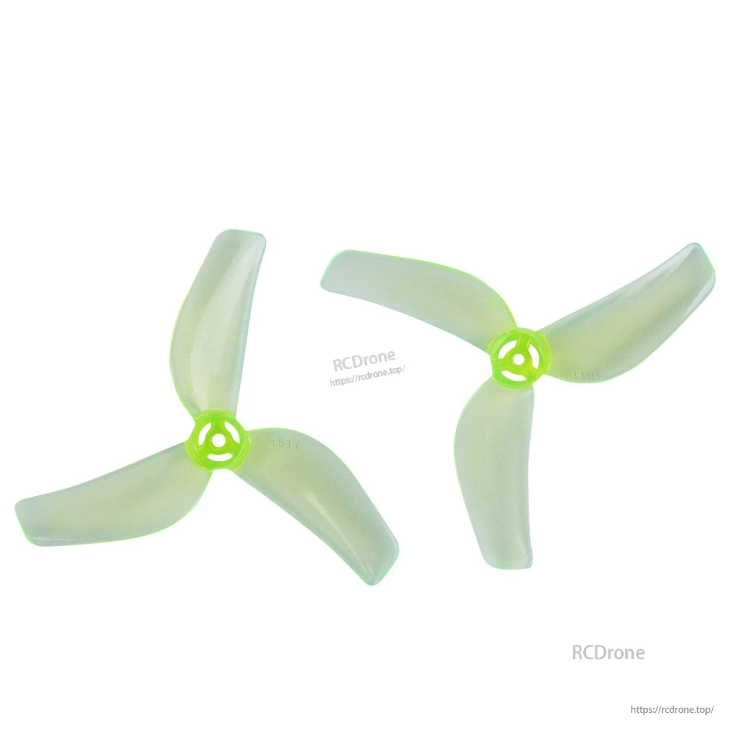 Two neon green 3-blade micro drone propellers, clockwise and counterclockwise pair