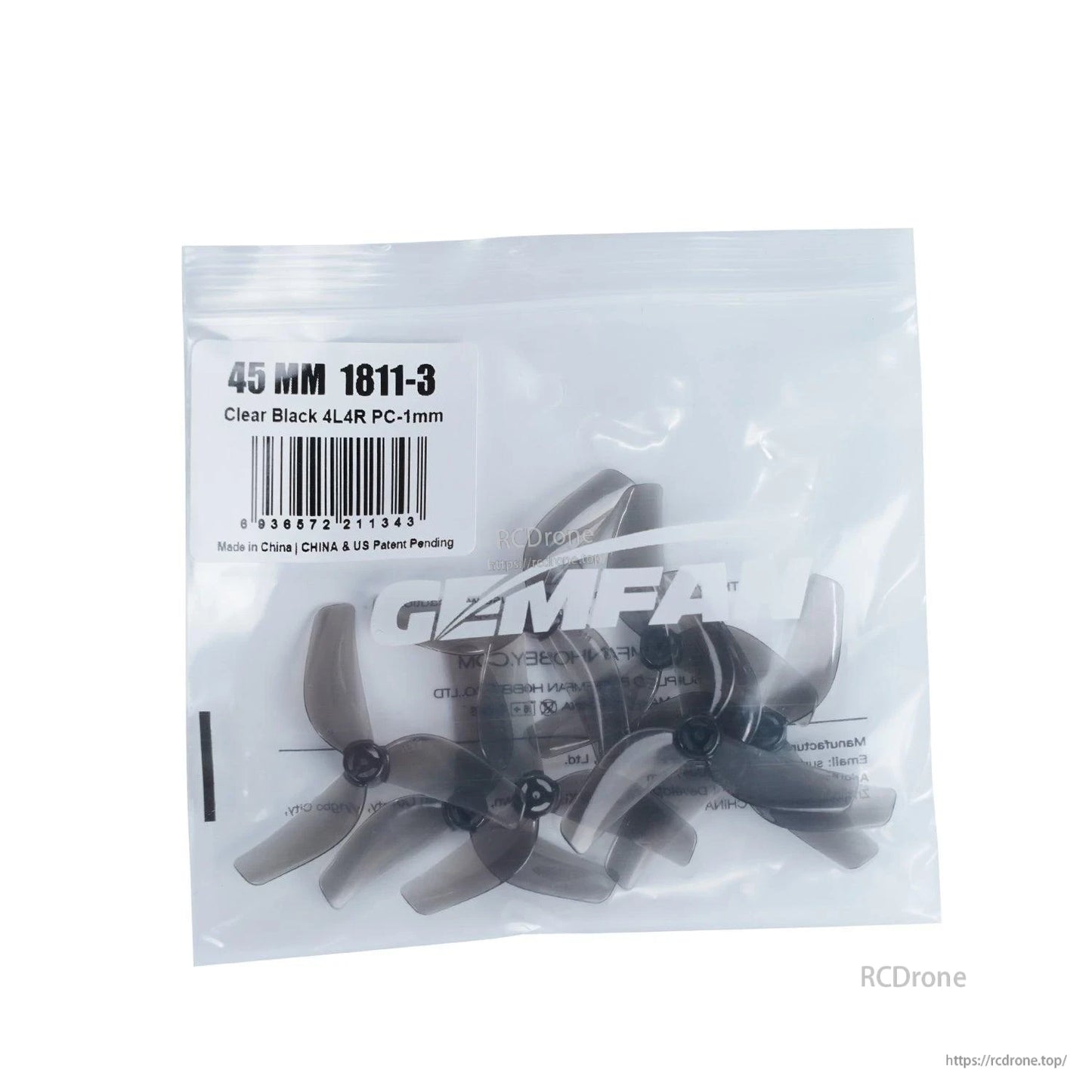 Retail bag for 45mm 1811-3 propellers, Clear Black 4L4R PC-1mm label shown