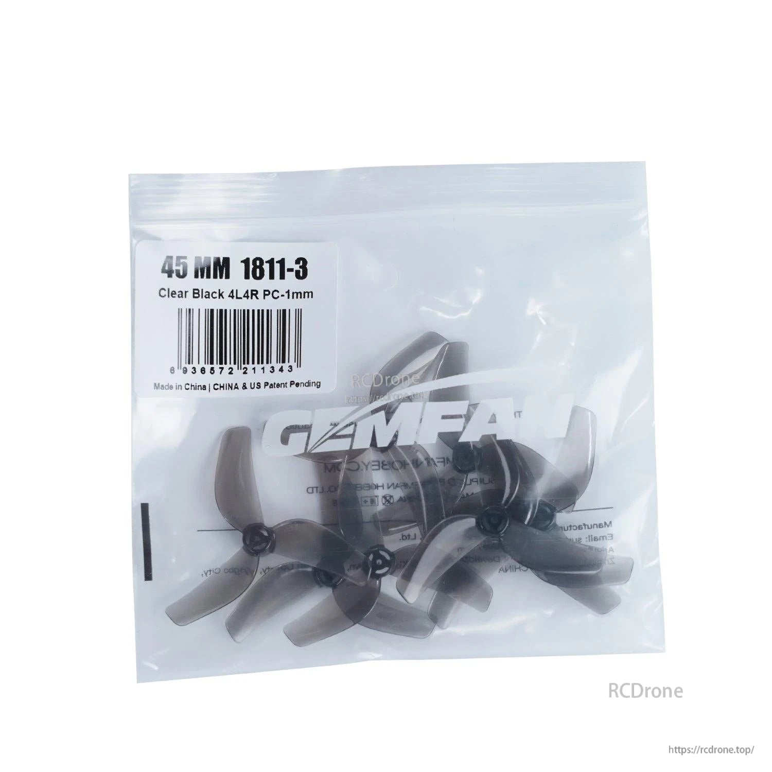 Retail bag for 45mm 1811-3 propellers, Clear Black 4L4R PC-1mm label shown