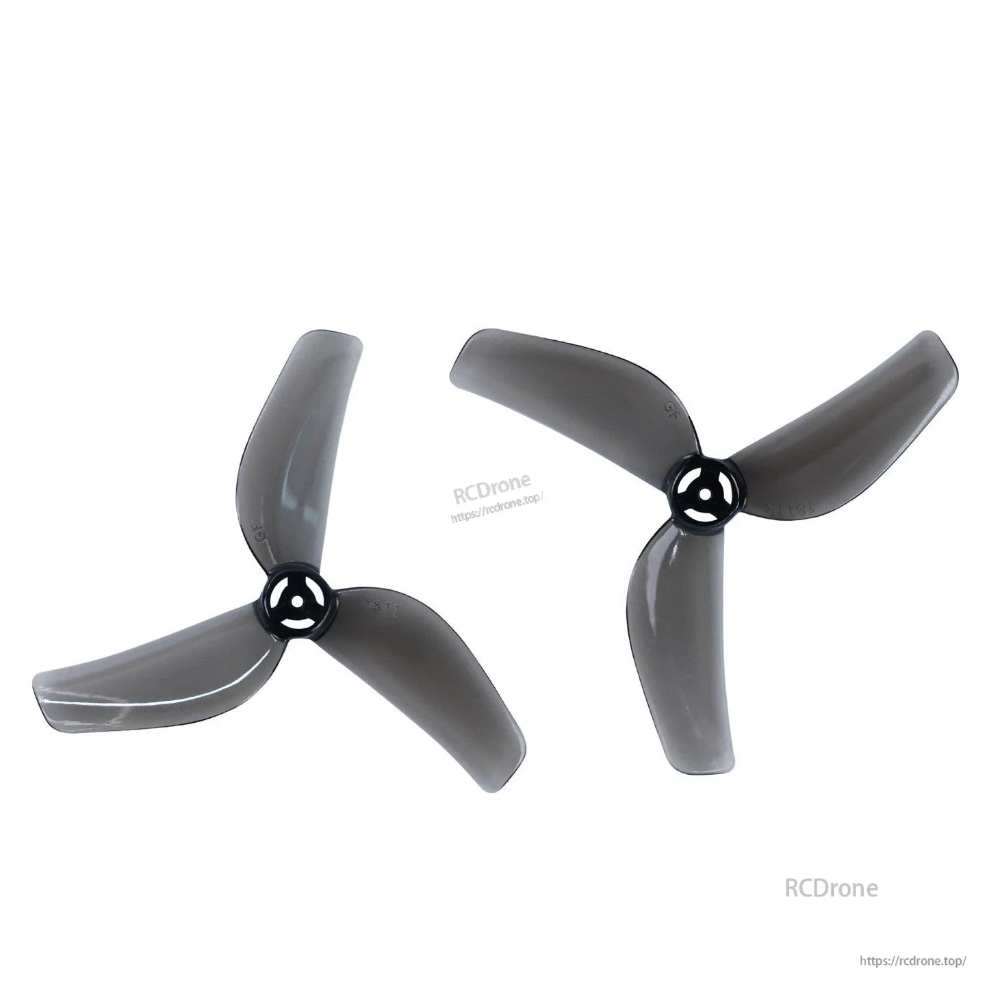Two smoke black 3-blade micro drone propellers, clockwise and counterclockwise pair