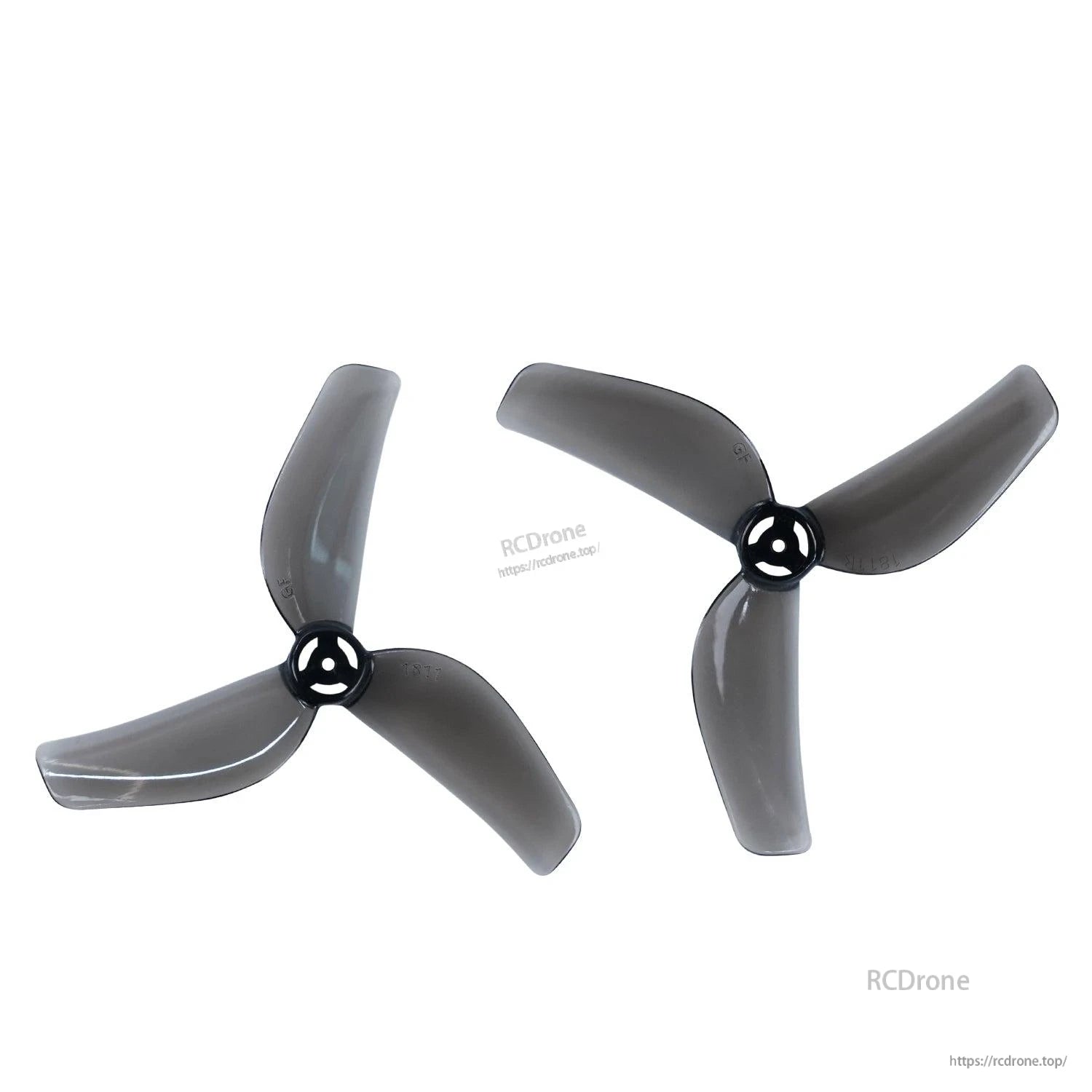 Two smoke black 3-blade micro drone propellers, clockwise and counterclockwise pair