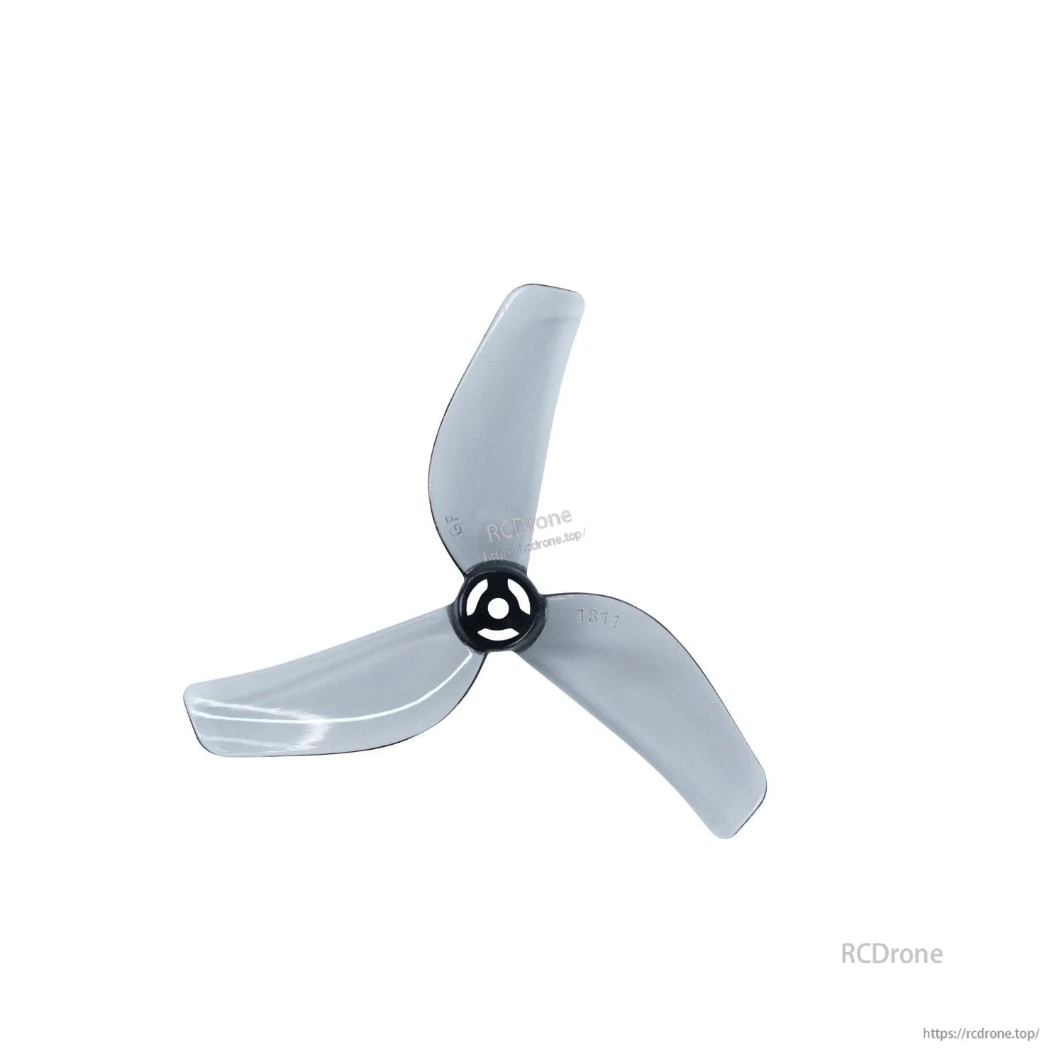 Clear gray 3-blade micro drone propeller, single prop top view on white background