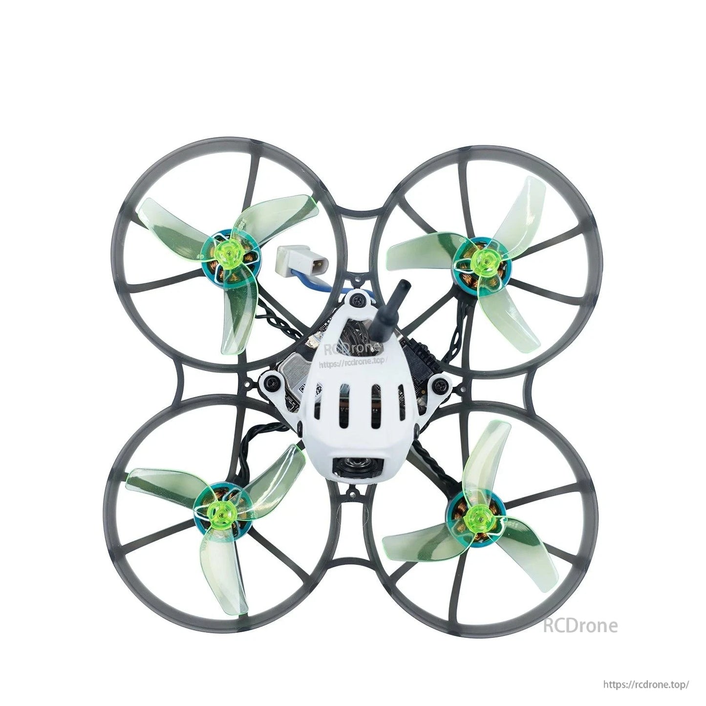 Ducted micro quad top view with neon green tri-blade props installed in prop guards
