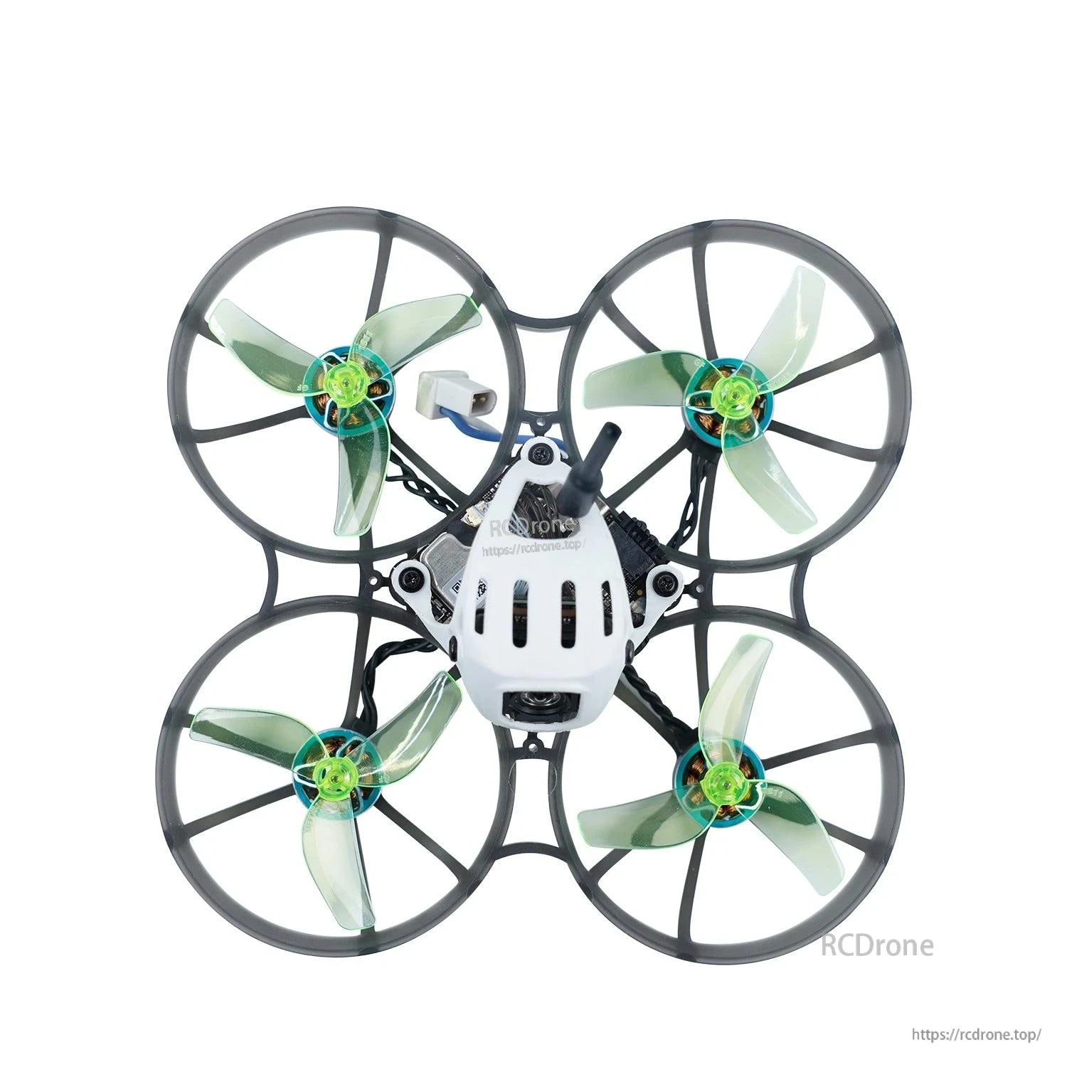 Ducted micro quad top view with neon green tri-blade props installed in prop guards